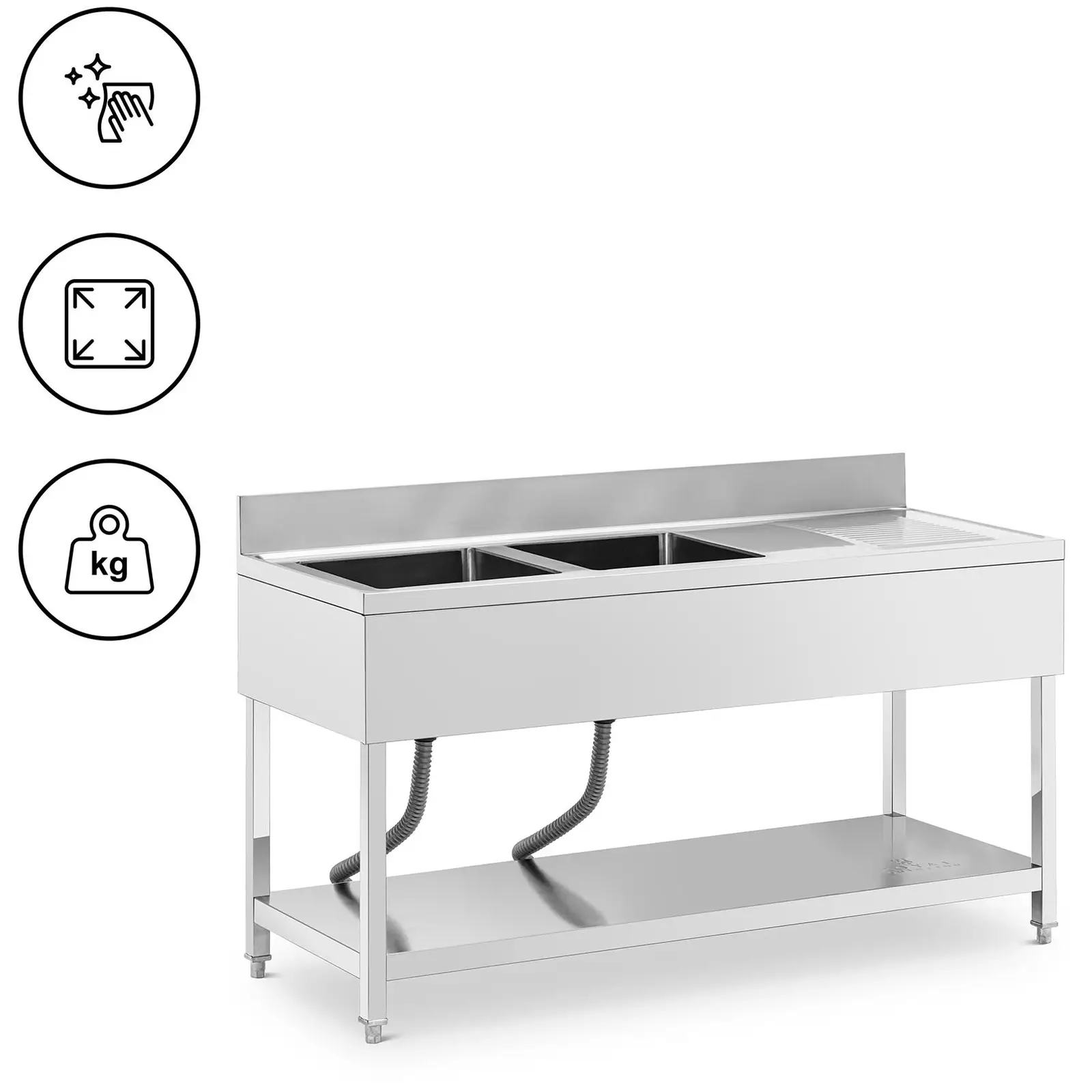 Mosogató asztal - 2 medence - rozsdamentes acél - 160 x 60 x 97 cm - Royal Catering