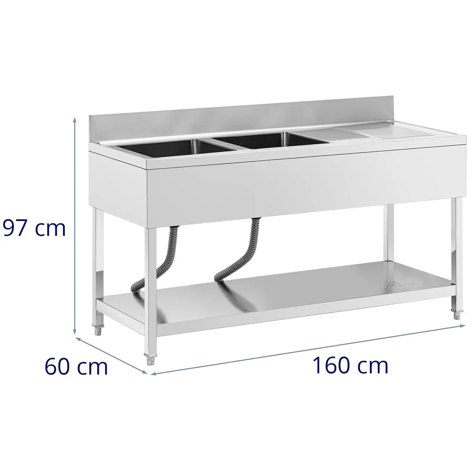 Diskbänk - 2 diskhoar - Rostfritt stål - 160 x 60 x 97 cm - Royal Catering