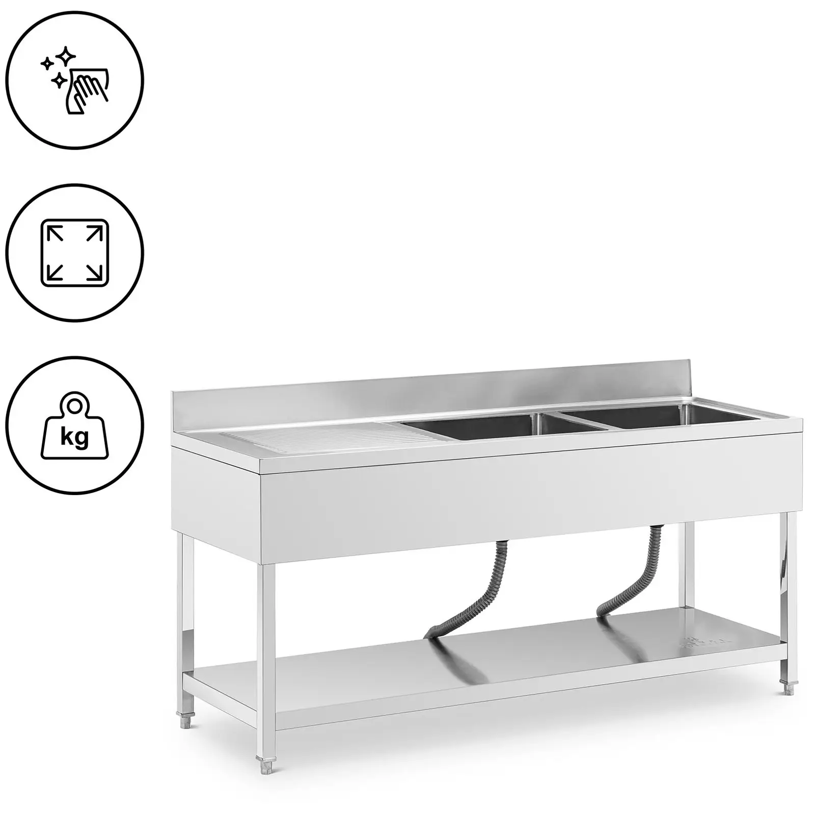 Lavello per cucina professionale - 2 vasche - Acciaio inox - 180 x 60 x 97 cm - Royal Catering