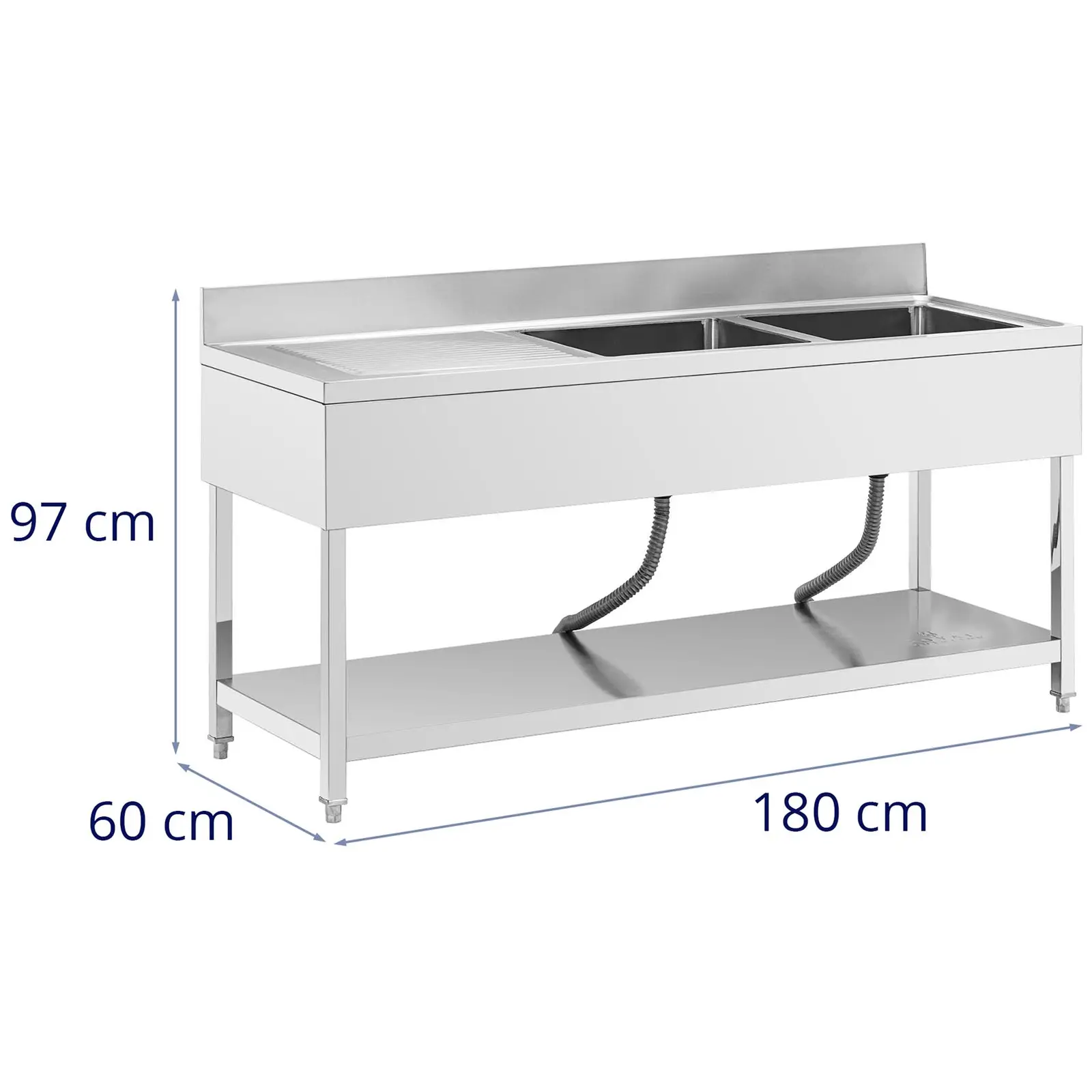 Mycí stůl - 2 dřezy - ušlechtilá ocel - 180 x 60 x 97 cm - Royal Catering (Tloušťka povrchového materiálu: 0.8 mm)