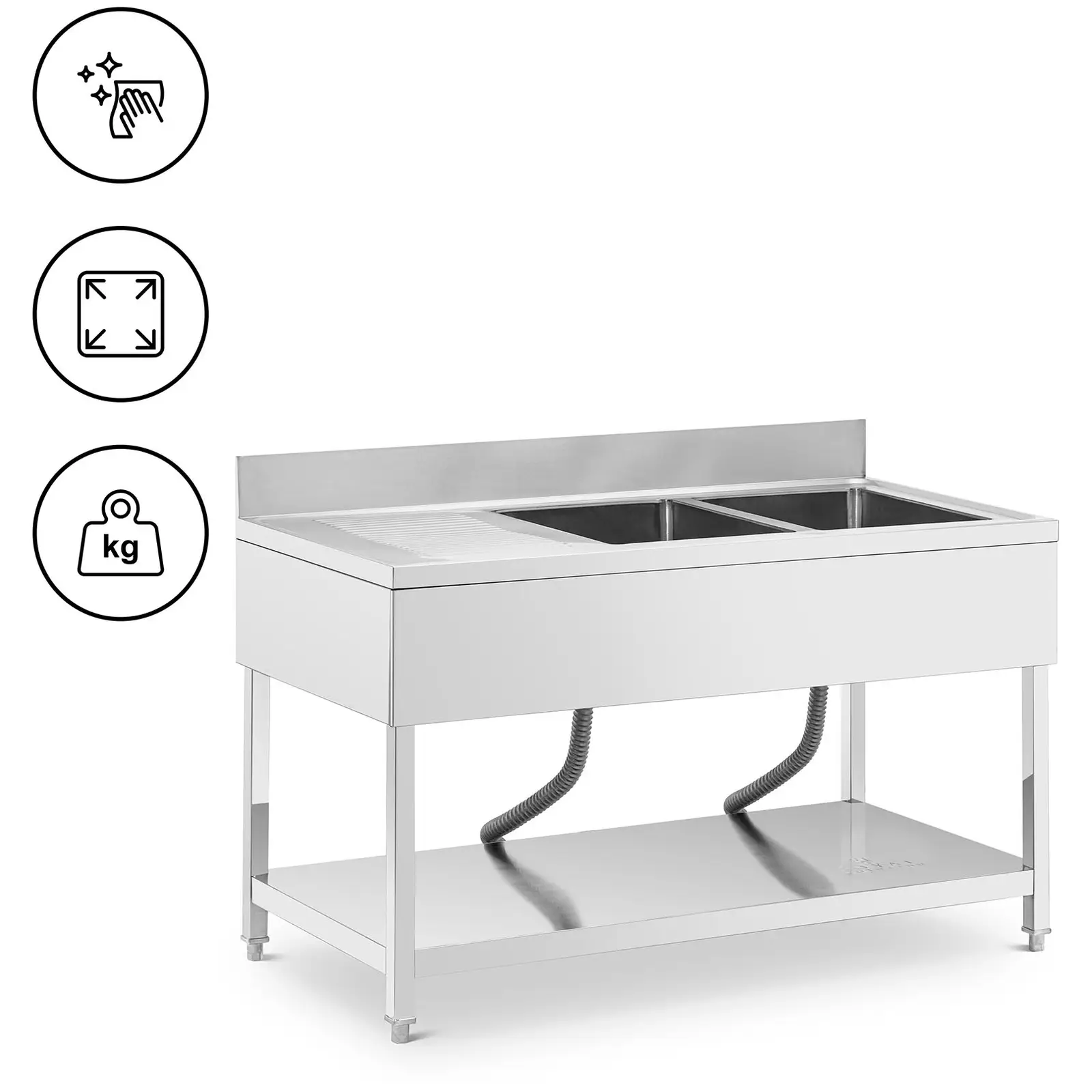 Lavello per cucina professionale - 2 vasche - Acciaio inox - 140 x 70 x 97 cm - Royal Catering