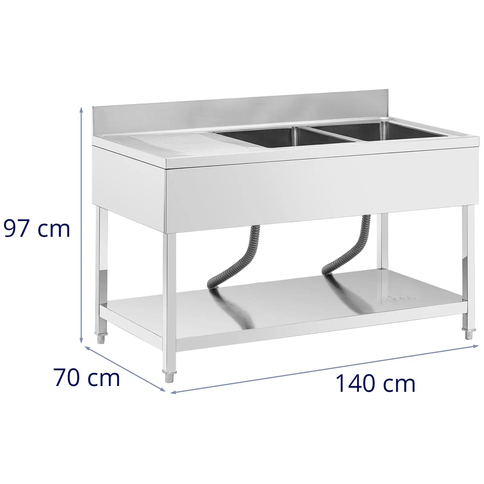 Mosogató asztal - 2 medence - rozsdamentes acél - 140 x 70 x 97 cm - Royal Catering (Felület anyagvastagsága: 0.8 mm)