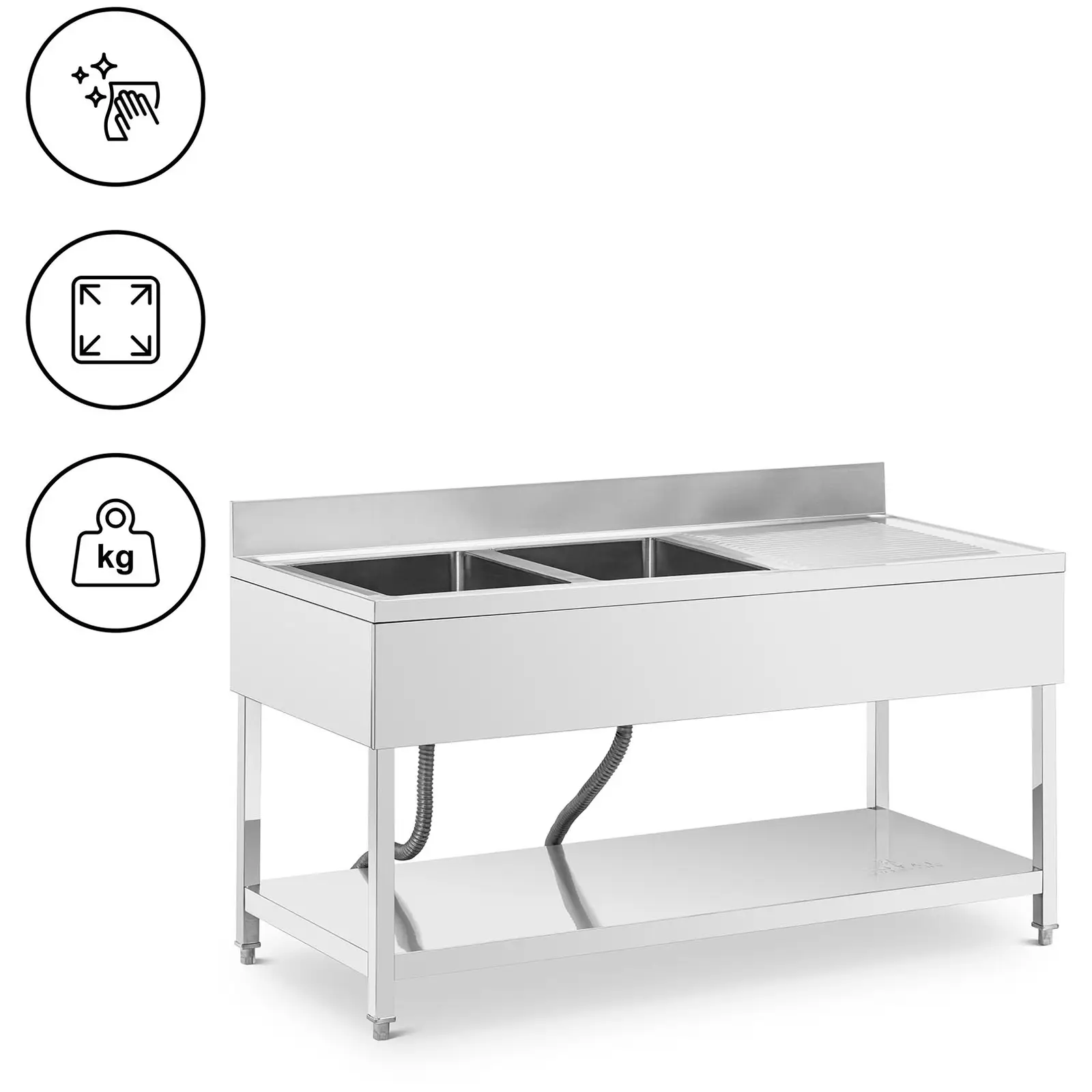 Lavello per cucina professionale - 2 vasche - Acciaio inox - 160 x 70 x 97 cm - Royal Catering