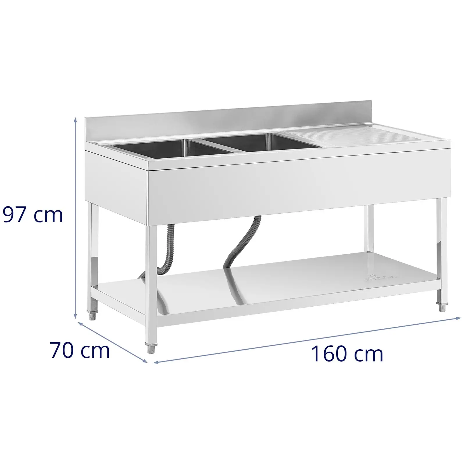 Drezový stôl - 2 umývadlá - nehrdzavejúca oceľ - 160 x 70 x 97 cm - Royal Catering