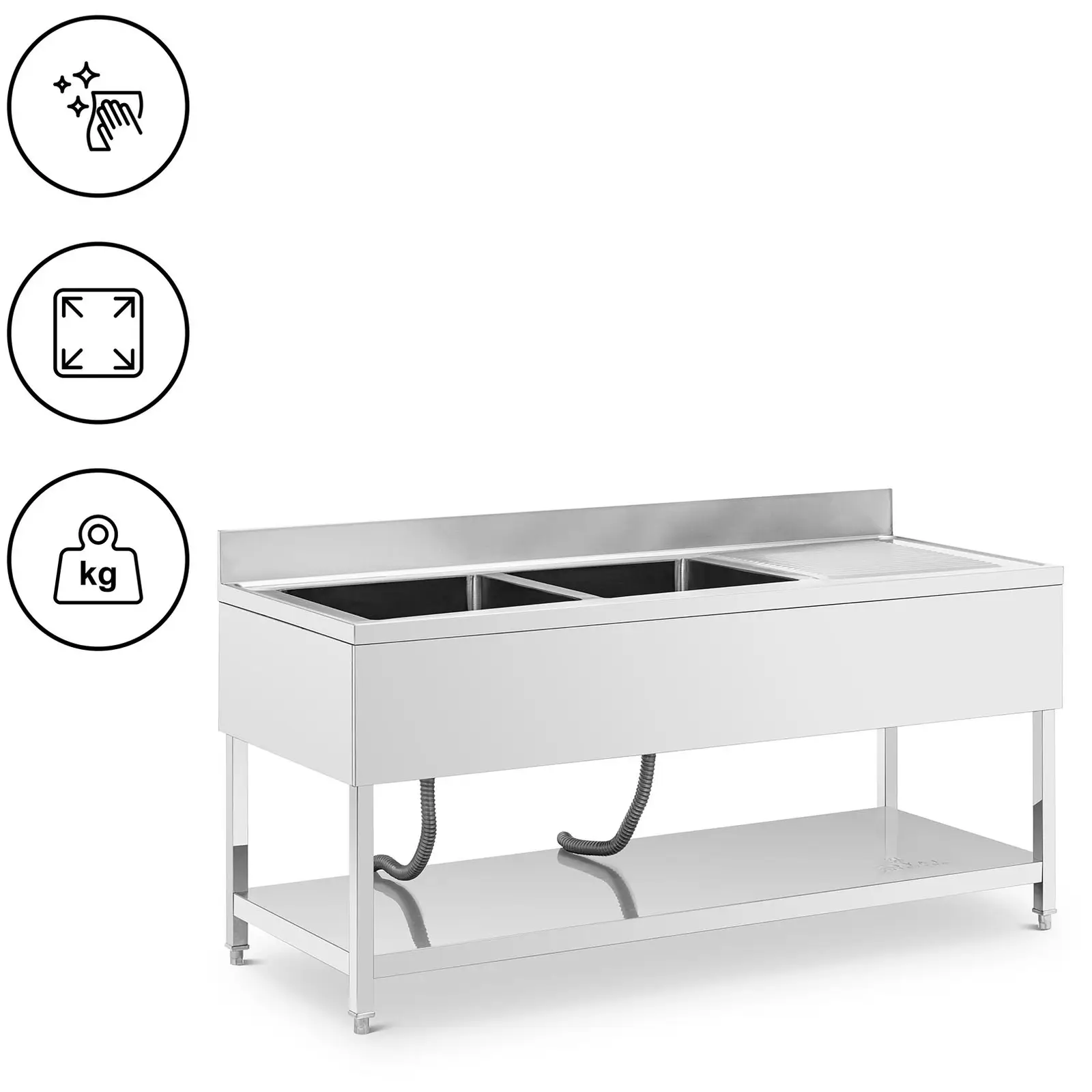 Lavello per cucina professionale - 2 vasche - Acciaio inox - 180 x 70 x 97 cm - Royal Catering