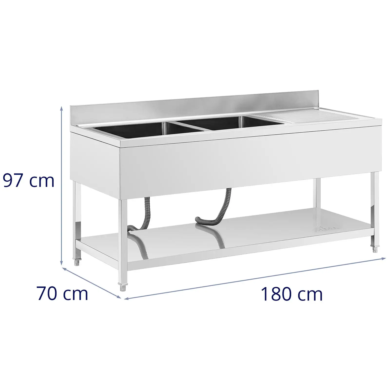 Drezový stôl - 2 umývadlá - nehrdzavejúca oceľ - 180 x 70 x 97 cm - Royal Catering