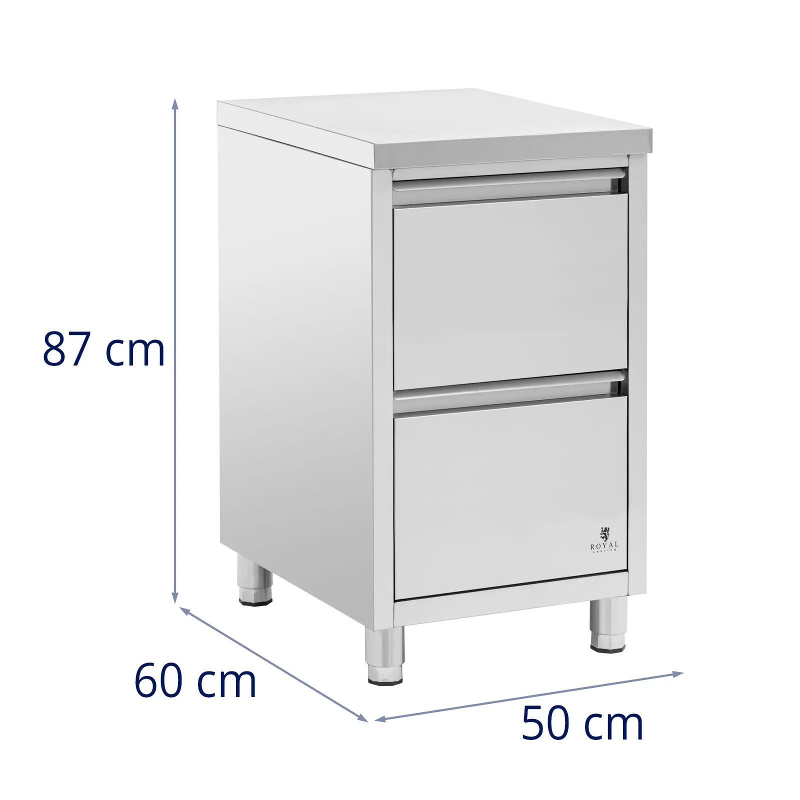 Pracovní skříňka z ušlechtilé oceli - 2 zásuvky - 50 x 60 cm - Royal Catering (Rozměry (DxŠxV): 60 x 50 x 87 cm)