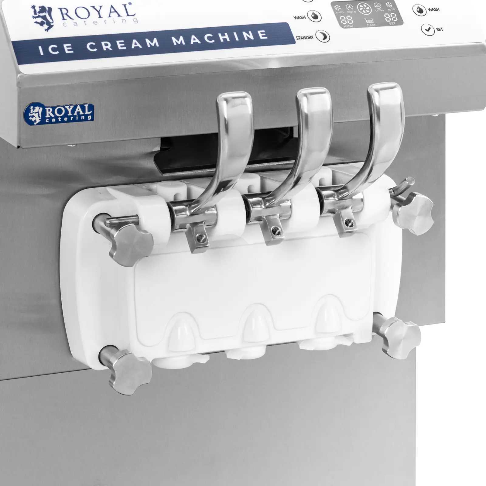 Stroj na točenou zmrzlinu - 1 350 W - 16 l/h - třípákový - Royal Catering (Gumové nožičky: Ano)