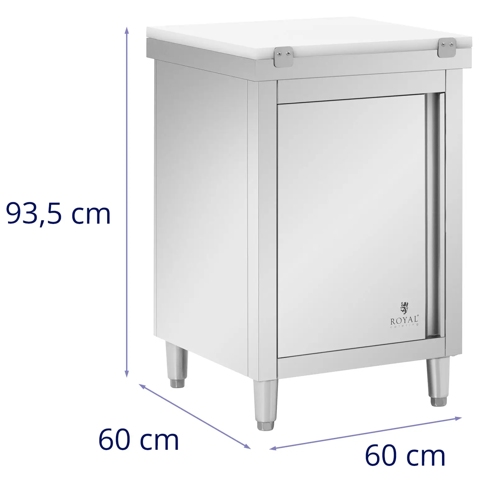Pracovní skříň z ušlechtilé oceli - ECO - 60 x 60 cm - 500 kg - vč. krájecí desky - Royal Catering (Tloušťka desky stolu: 0.6 mm)
