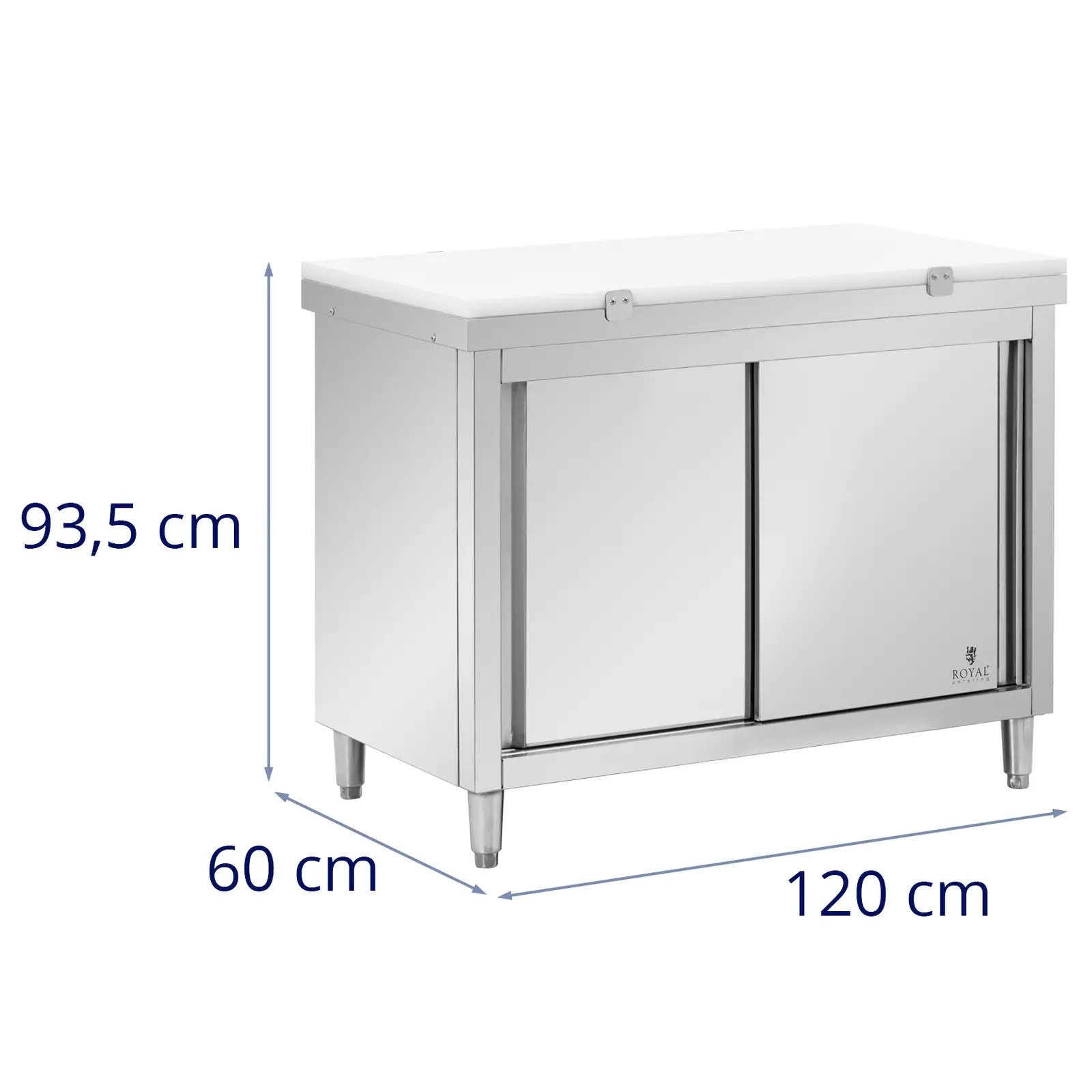 Pracovní skříň z ušlechtilé oceli - ECO - 120 x 60 cm - 500 kg - vč. krájecí desky - Royal Catering (Tloušťka desky stolu: 0.6 mm)