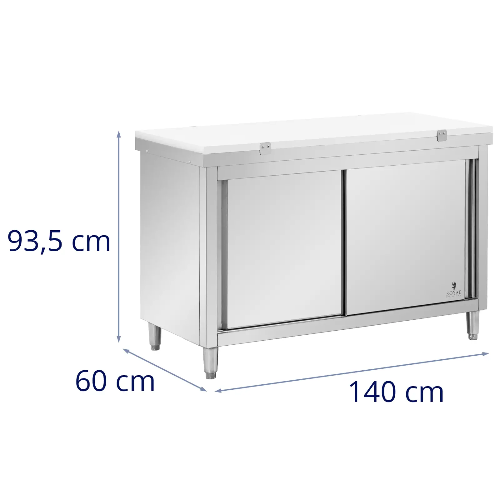 Rozsdamentes acél munkaszekrény - 140 x 60 cm - 500 kg terhelhetőség - tartalmazza Vágódeszka - Royal Catering