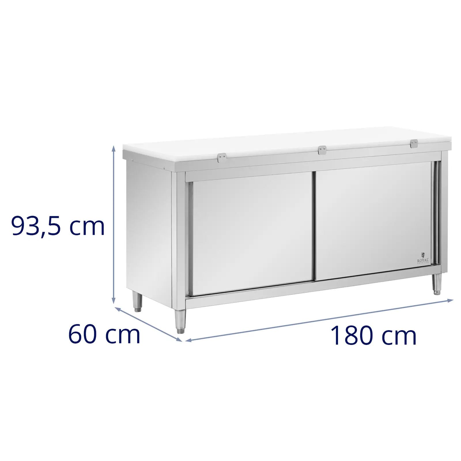Rozsdamentes acél munkaszekrény - 180 x 60 cm - 500 kg terhelhetőség - tartalmazza Vágódeszka - Royal Catering
