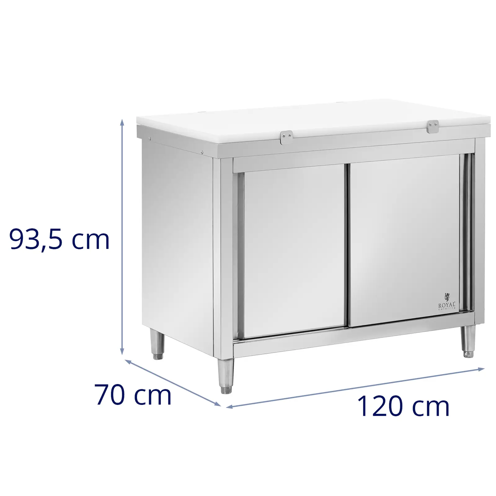 Rozsdamentes acél munkaszekrény - 120 x 70 cm - 500 kg terhelhetőség - tartalmazza Vágódeszka - Royal Catering