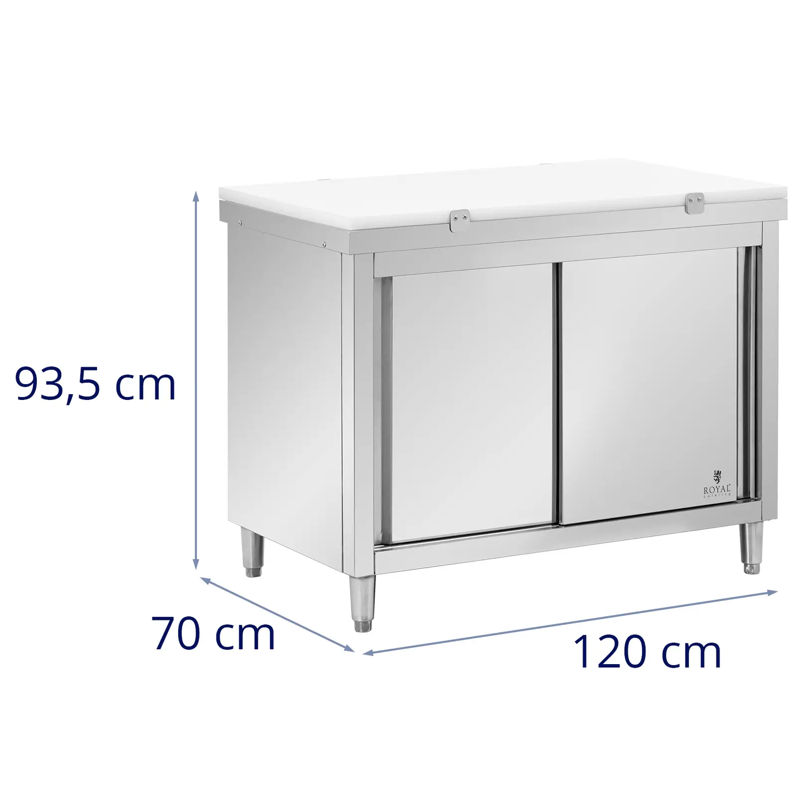 Pracovní skříň z ušlechtilé oceli - ECO - 120 x 70 cm - 500 kg - vč. krájecí desky - Royal Catering (Tloušťka desky stolu: 0.6 mm)