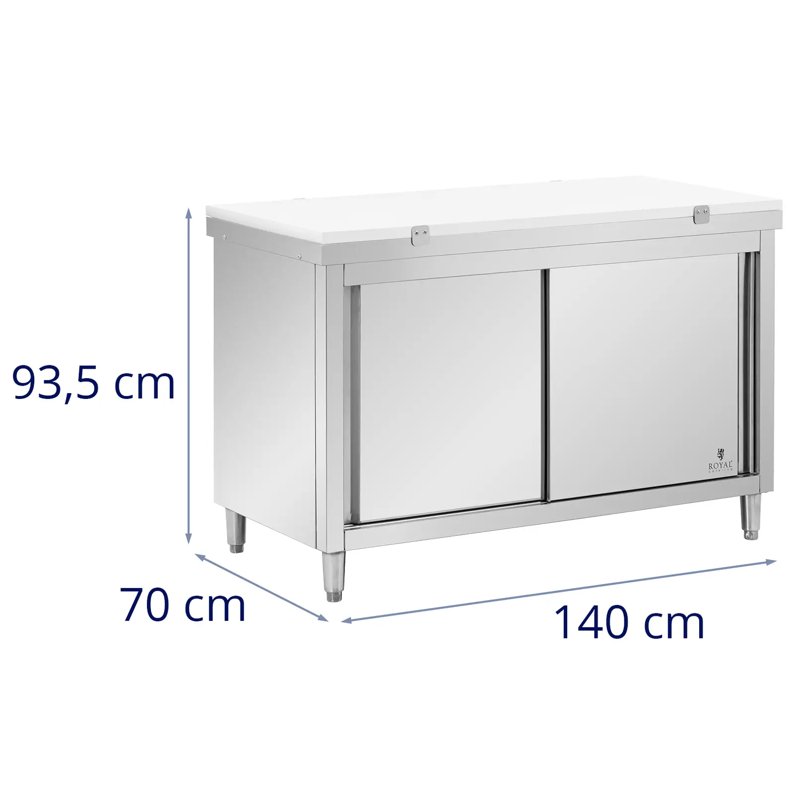 Pracovní skříň z ušlechtilé oceli - ECO - 140 x 70 cm - 500 kg - vč. krájecí desky - Royal Catering (Tloušťka desky stolu: 0.6 mm)