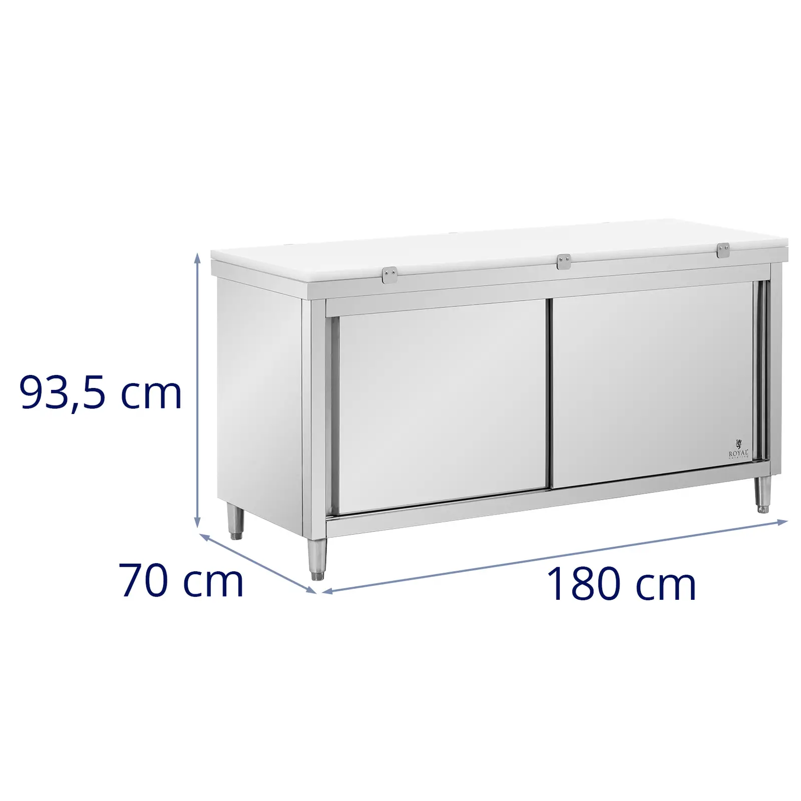 Pracovní skříň z ušlechtilé oceli - ECO - 180 x 70 cm - 500 kg - vč. krájecí desky - Royal Catering (Tloušťka desky stolu: 0.6 mm)