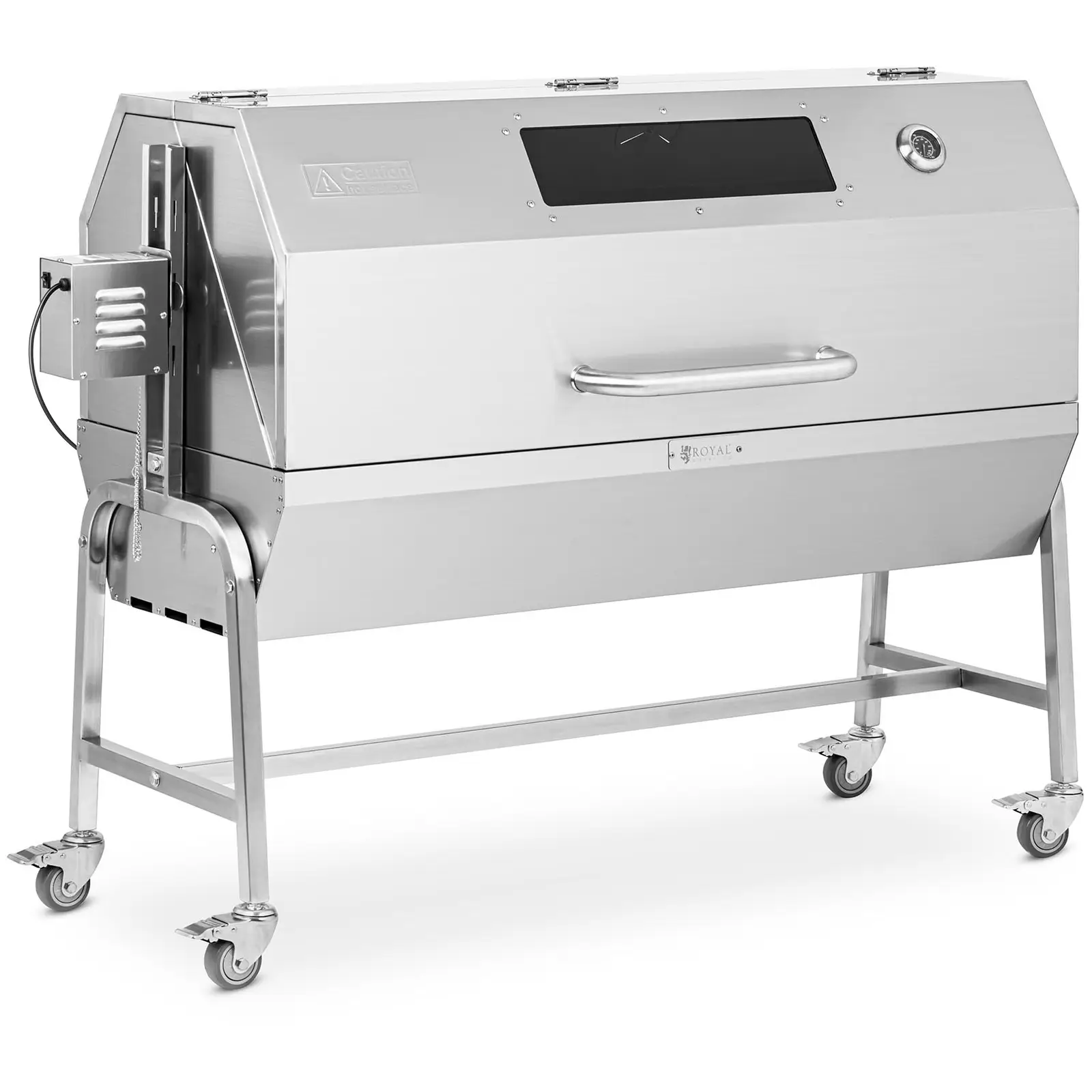 Grill węglowy z rożnem na prosiaka - z silnikiem - 40 kg - długość rożna: 138 cm - stal nierdzewna - wiatrochron - Royal Catering