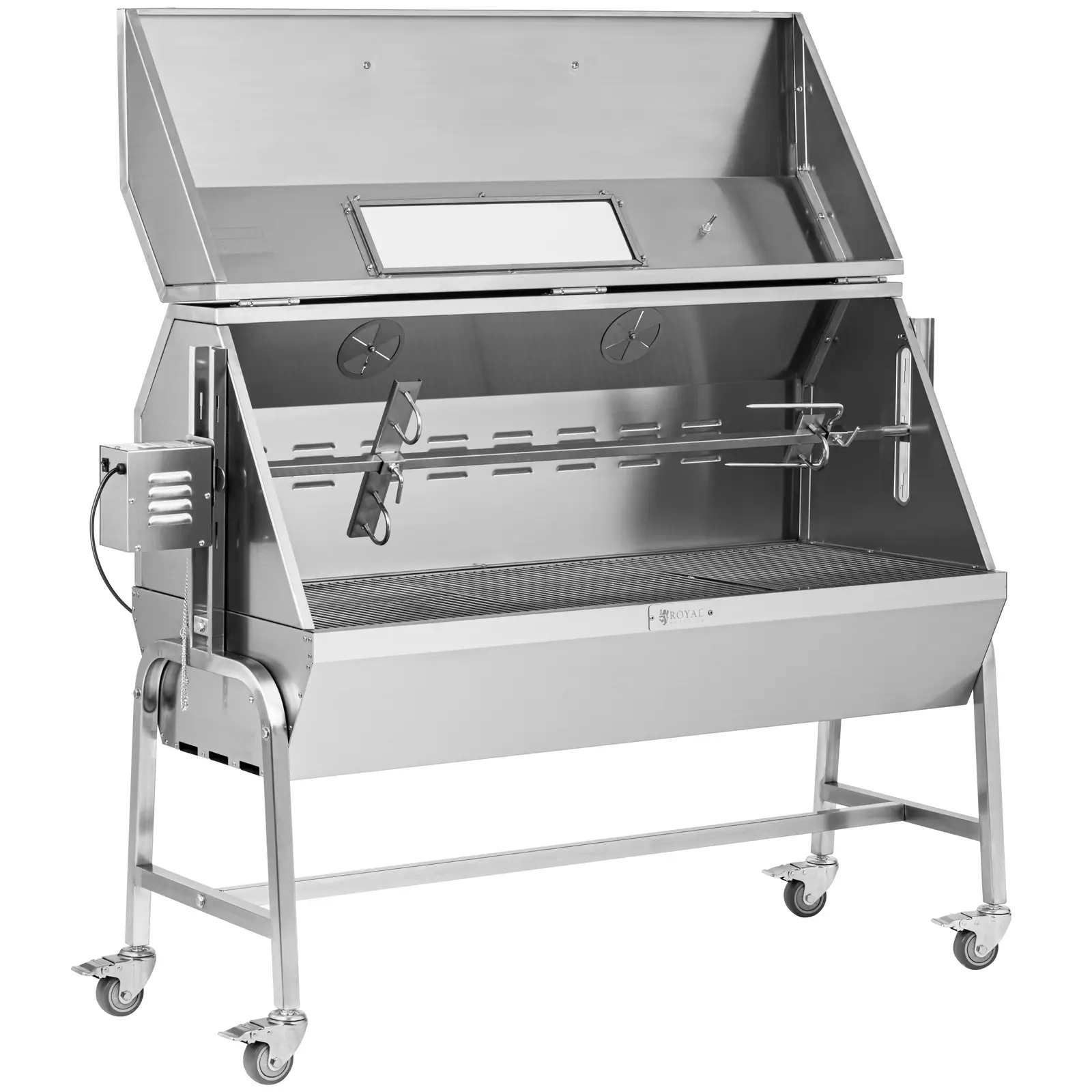 Gril na sele - s motorem - 40 kg - délka rožně: 138 cm - ušlechtilá ocel - ochrana proti větru - Royal Catering (Počet koleček: 4 Pc)