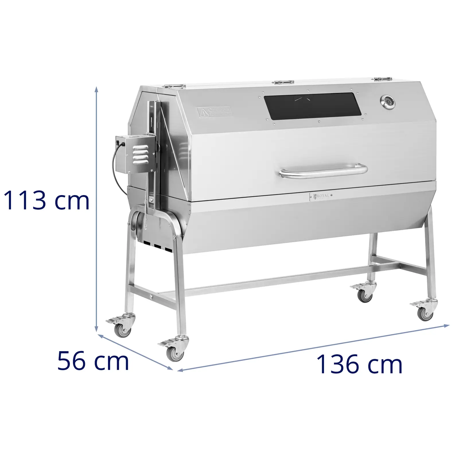 Grelhador a carvão com espeto de porco - com motor - 40 kg - comprimento do espeto: 138 cm - aço inoxidável - proteção contra o vento - Royal Catering