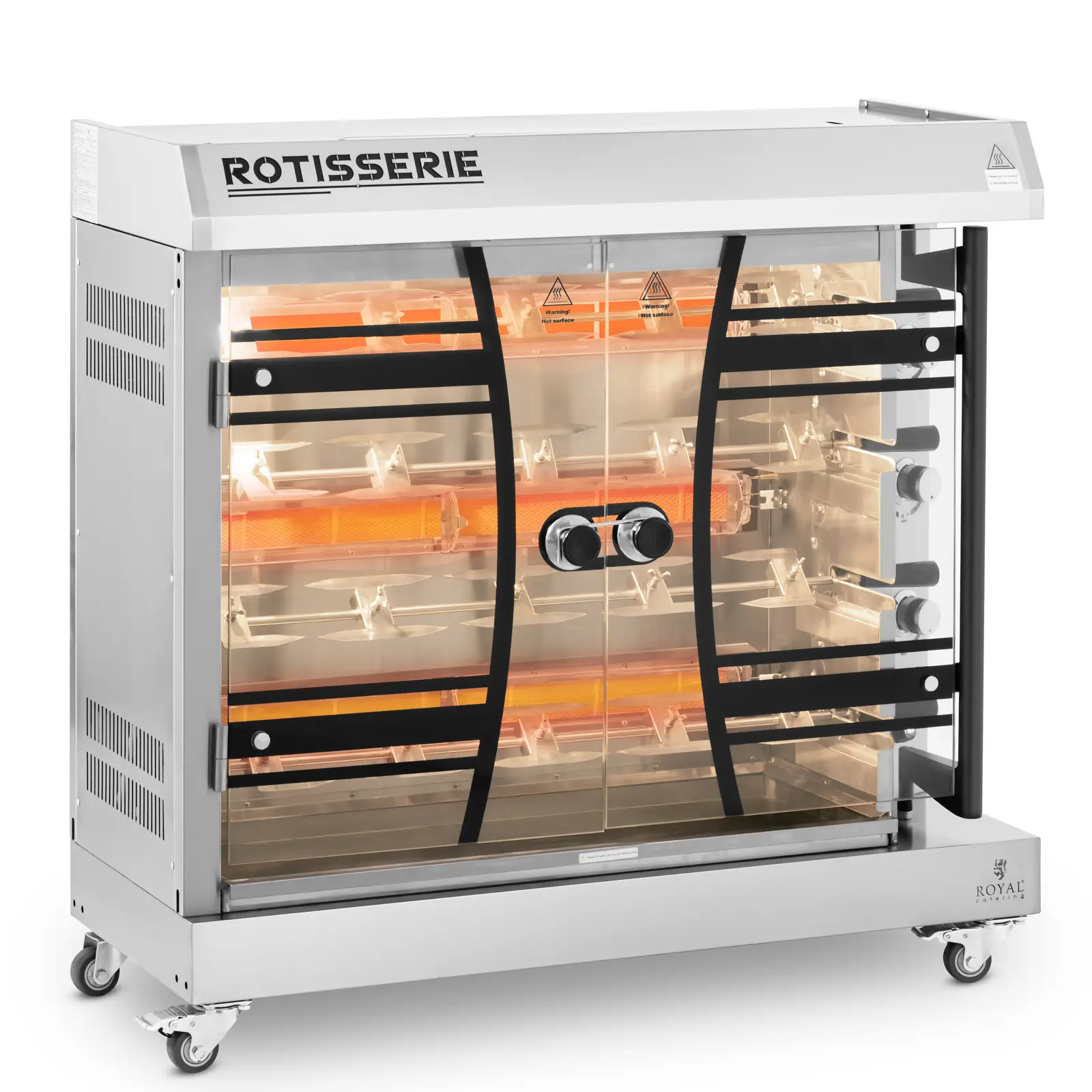 Gass Rotisserie Grill - 4 spyd for 24 kyllinger - med lys og hjul - Royal Catering