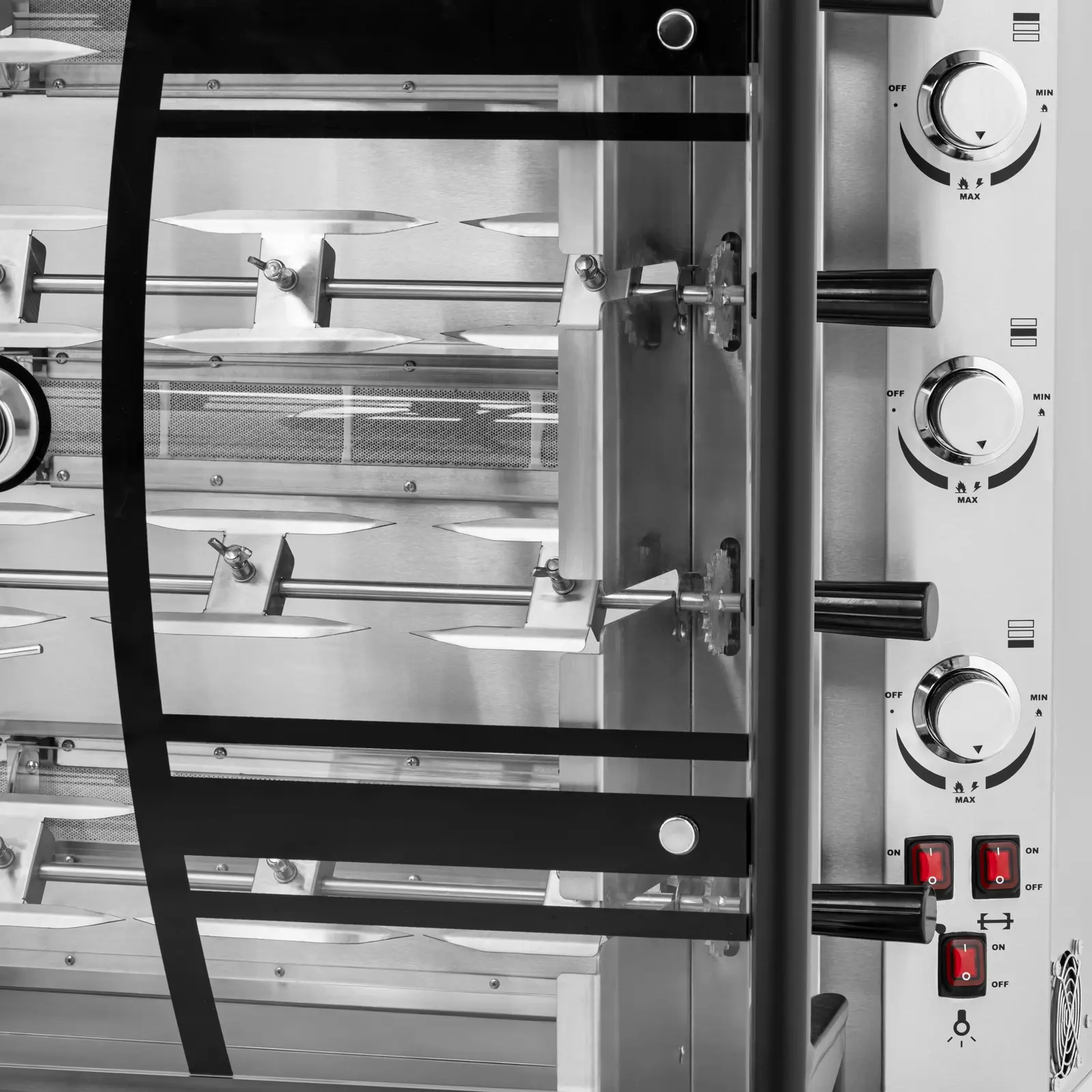 Rôtissoire poulet - à gaz - 4 broches pour 24 poulets - avec éclairage et roues - Royal Catering (Allumage piézoélectrique: Oui)