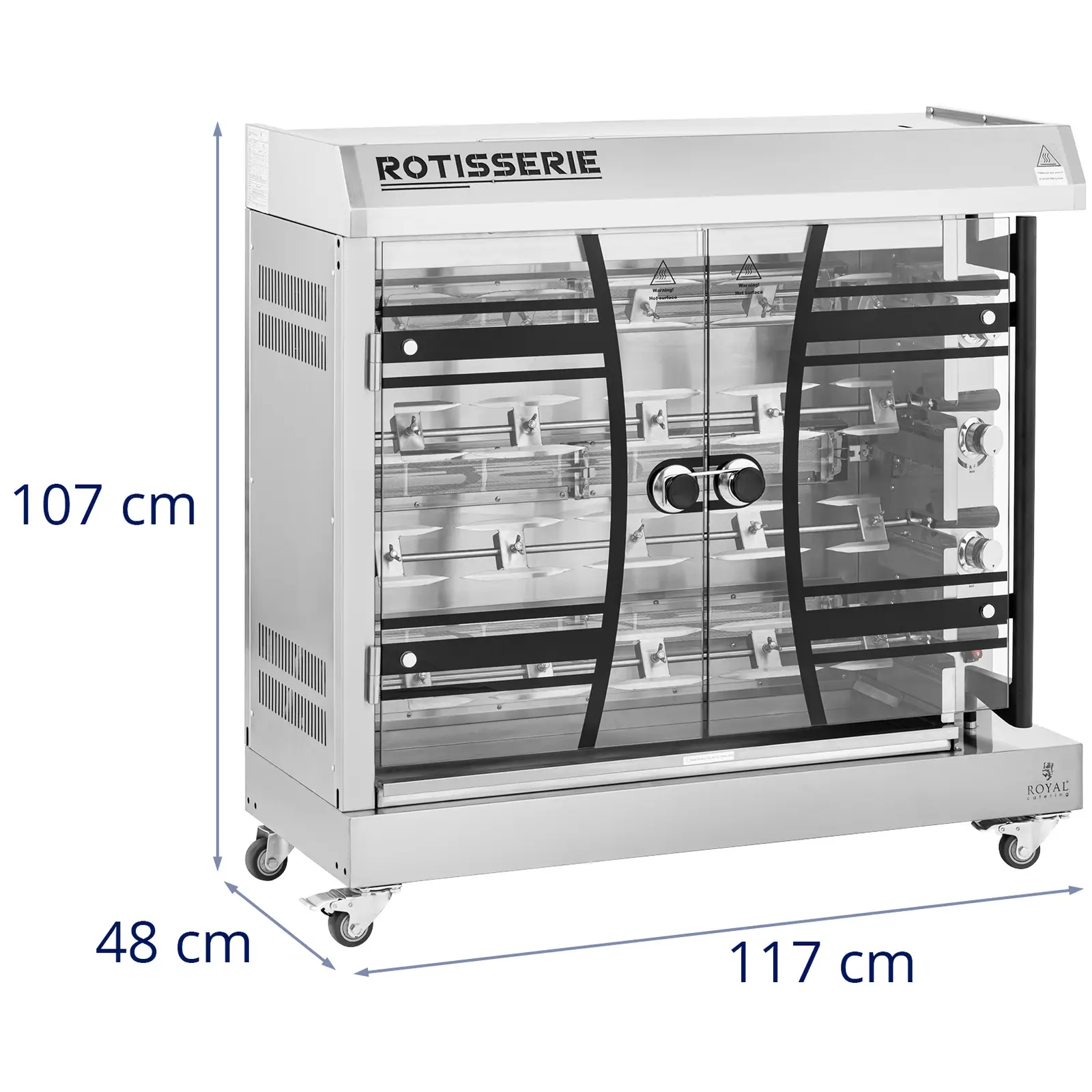 Rôtissoire poulet - à gaz - 4 broches pour 24 poulets - avec éclairage et roues - Royal Catering (Puissance bruleur(s) [kW]: 3 x 5)