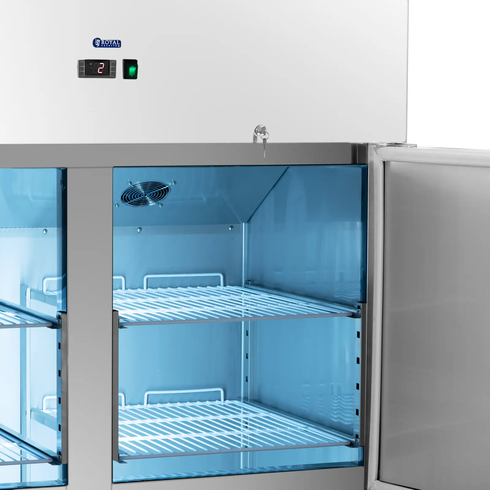 Gastro lednice - 1 160 l - ušlechtilá ocel - 4 dveře - 4 kolečka - uzamykatelná - Royal Catering (Napájecí kabel: 2.3 m)