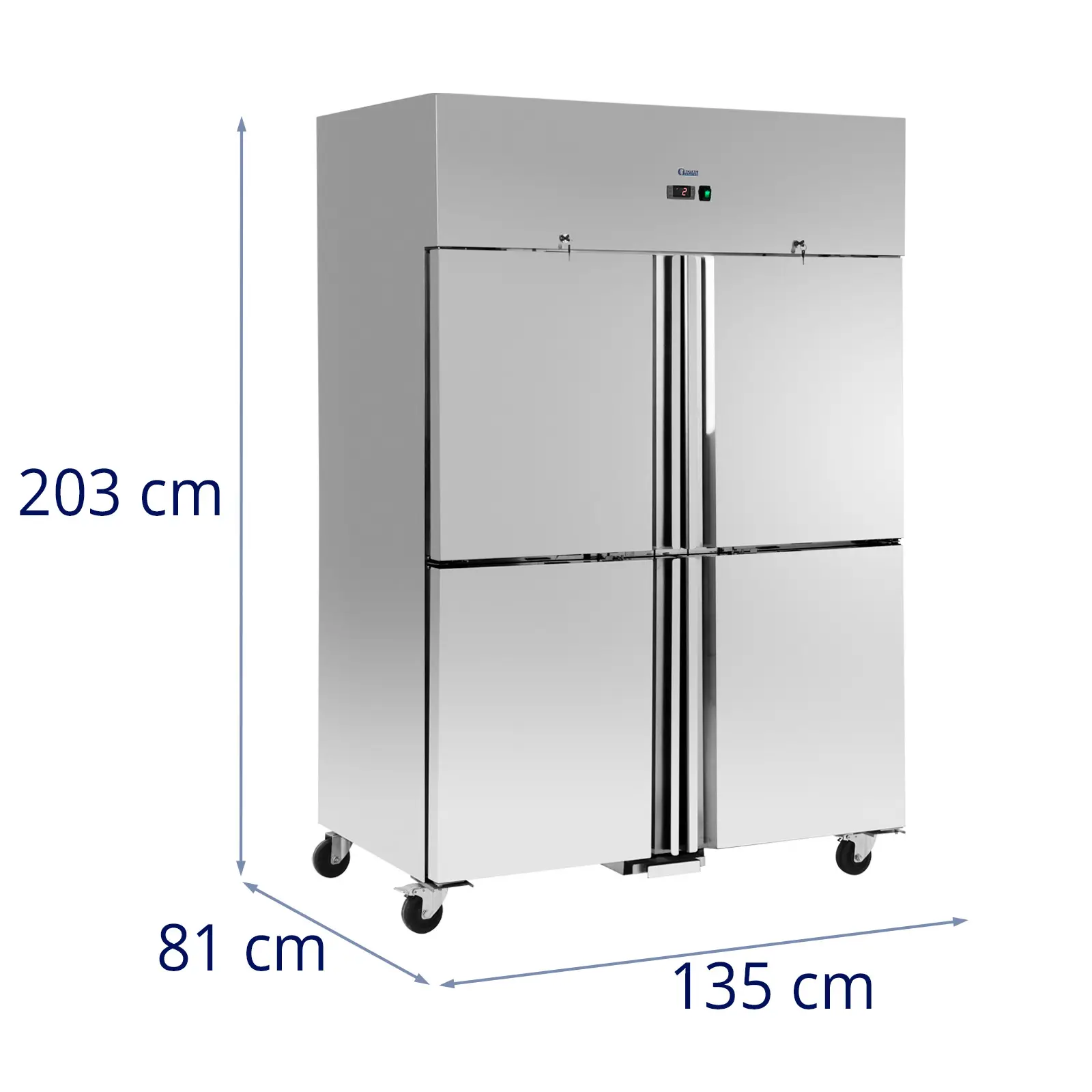 Gastro lednice - 1 160 l - ušlechtilá ocel - 4 dveře - 4 kolečka - uzamykatelná - Royal Catering (Termostat: Ano)
