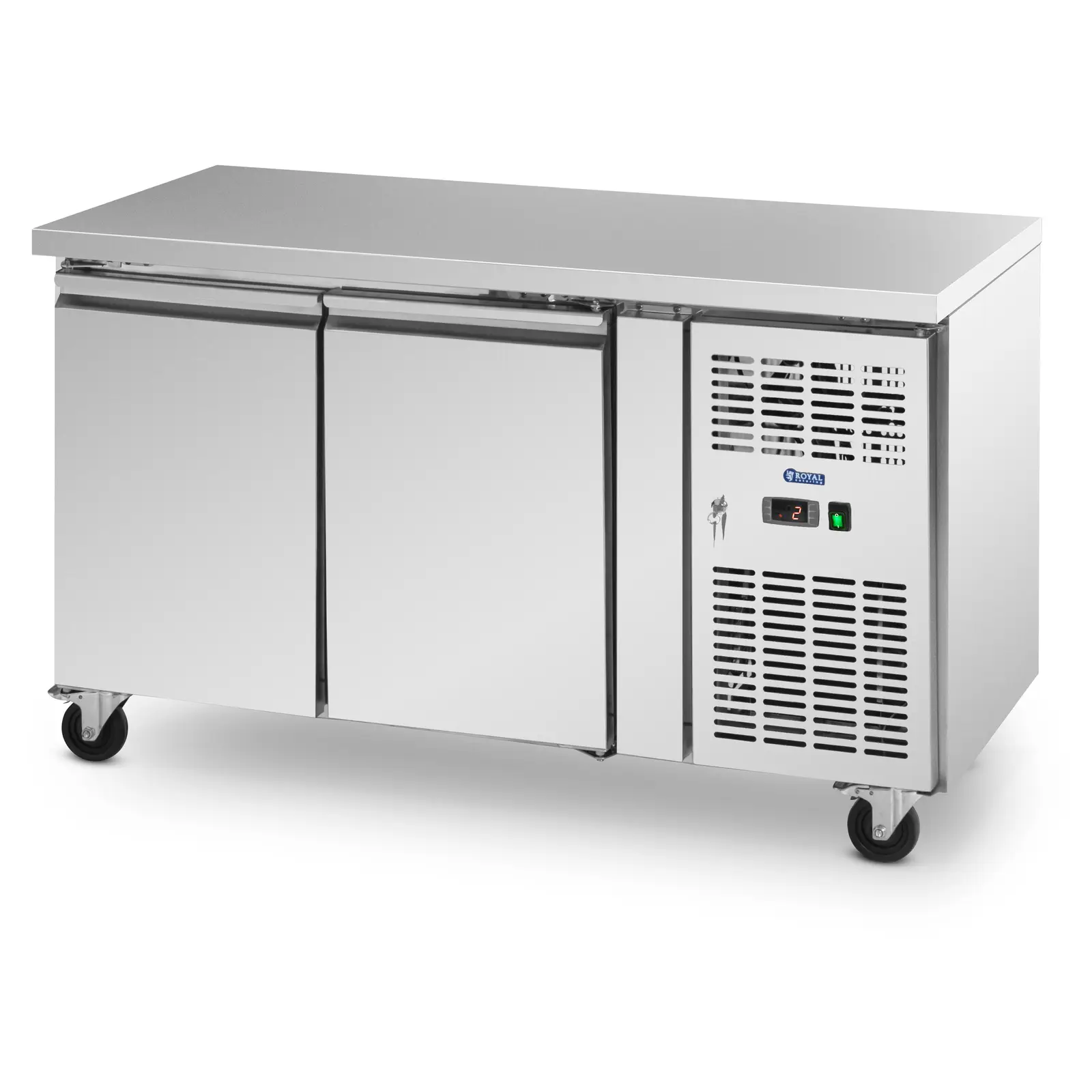 Mesa refrigerada com rodas - 260 l - 2 compartimentos - 136 x 70 cm - classe B - aço inoxidável - Royal Catering