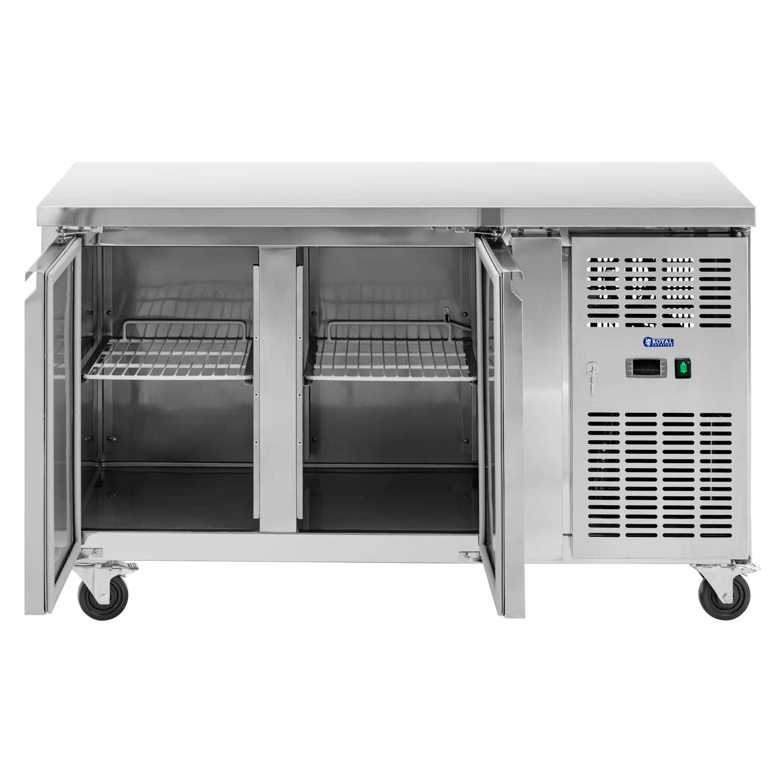 Mesa refrigerada com rodas - 260 l - 2 compartimentos - 136 x 70 cm - classe B - aço inoxidável - Royal Catering