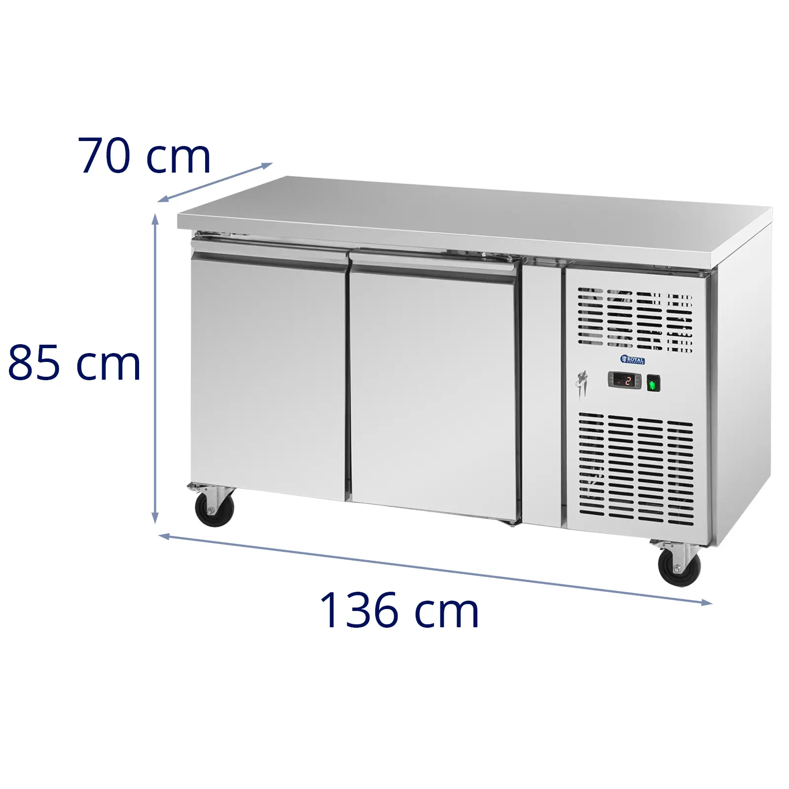 Chladicí stůl na kolečkách - 260 l - 2 přihrádky - 136 x 70 cm - třída B - ušlechtilá ocel - Royal Catering (Bezpečnostní zámek: Ano)