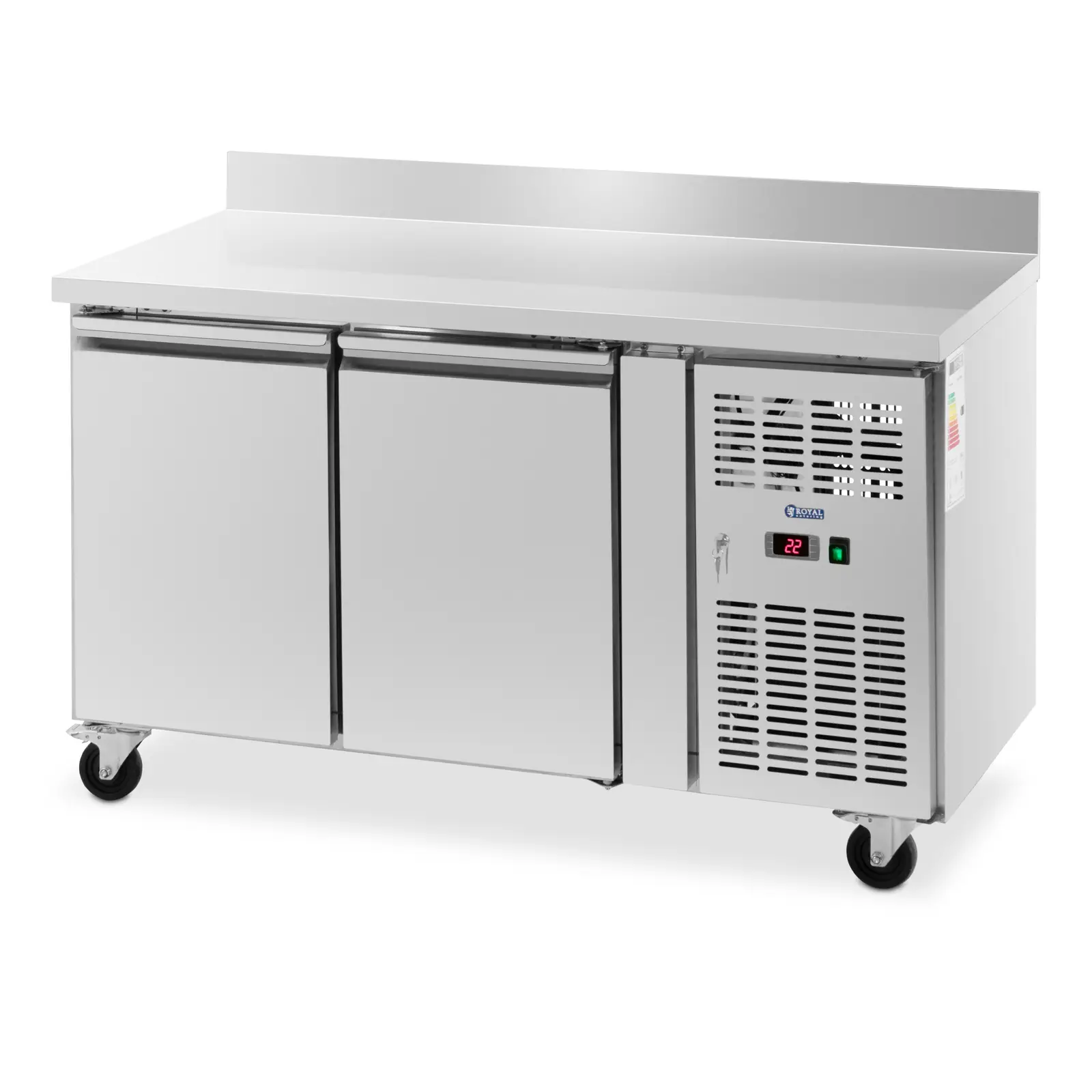 Banco refrigerato su ruote - 260 l - 2 scomparti - 136 x 70 cm - Classe B - Alzatina - Acciaio inox - Royal Catering