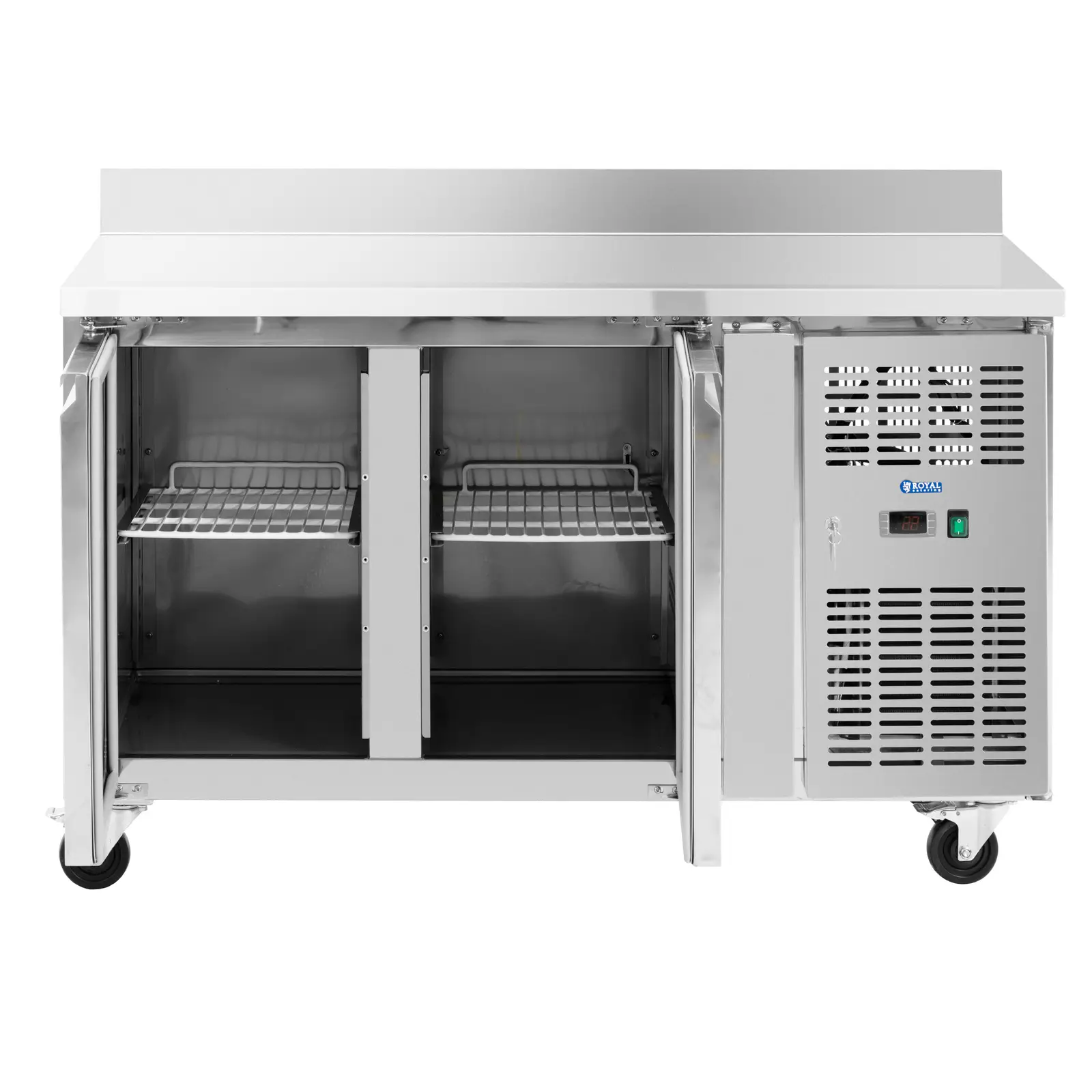 Chladicí stůl na kolečkách - 260 l - 2 přihrádky - 136 x 70 cm - třída B - lem - ušlechtilá ocel - Royal Catering (Termostat: Ano)
