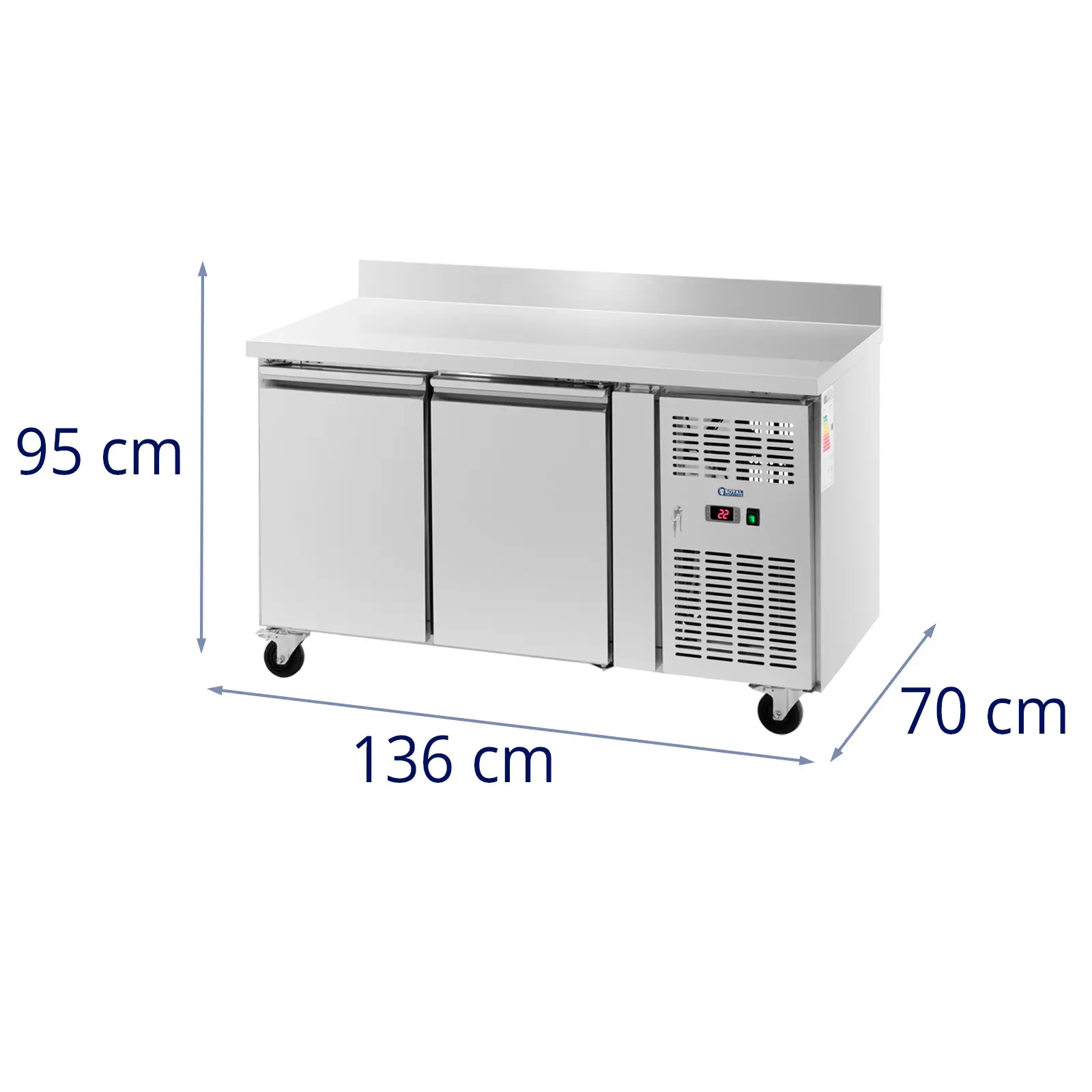 Banco refrigerato su ruote - 260 l - 2 scomparti - 136 x 70 cm - Classe B - Alzatina - Acciaio inox - Royal Catering