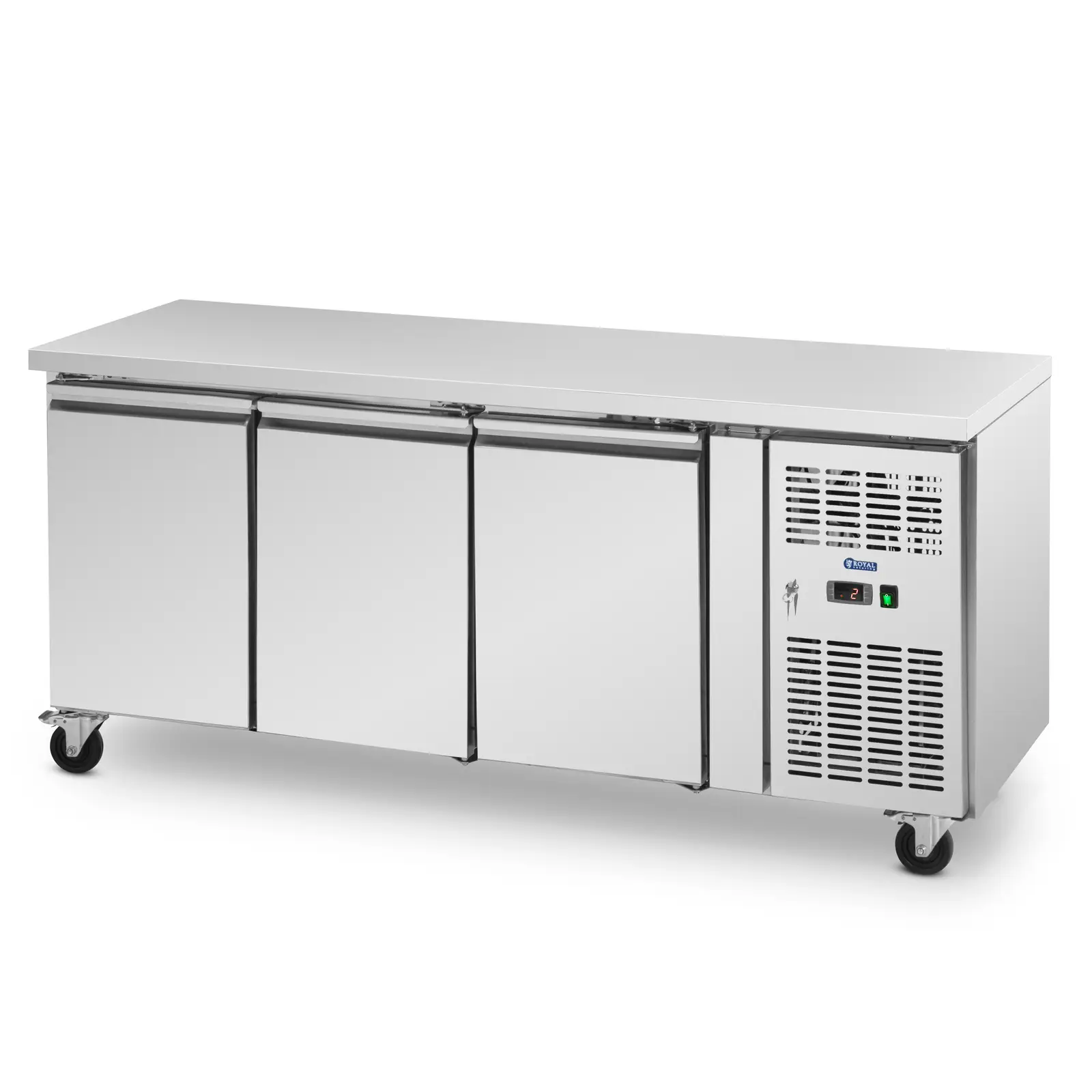 Banco refrigerato su ruote - 410 l - 3 scomparti - 179,5 x 70 cm - Classe B - Acciaio inox - Royal Catering