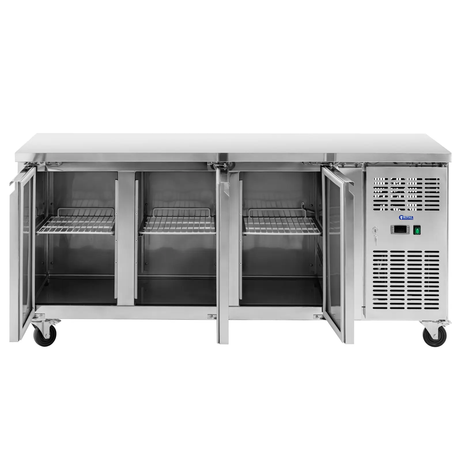 Chladicí stůl na kolečkách - 410 l - 3 přihrádky - 179,5 x 70 cm - třída B - ušlechtilá ocel - Royal Catering (Objem: 410 l)
