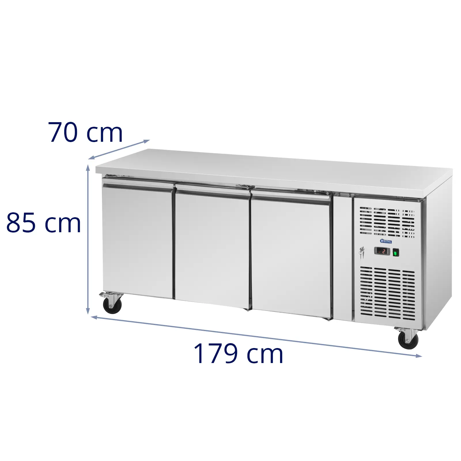 Kjølebord med hjul - 410 l - 3 rom - 179,5 x 70 cm - klasse B - rustfritt stål - Royal Catering