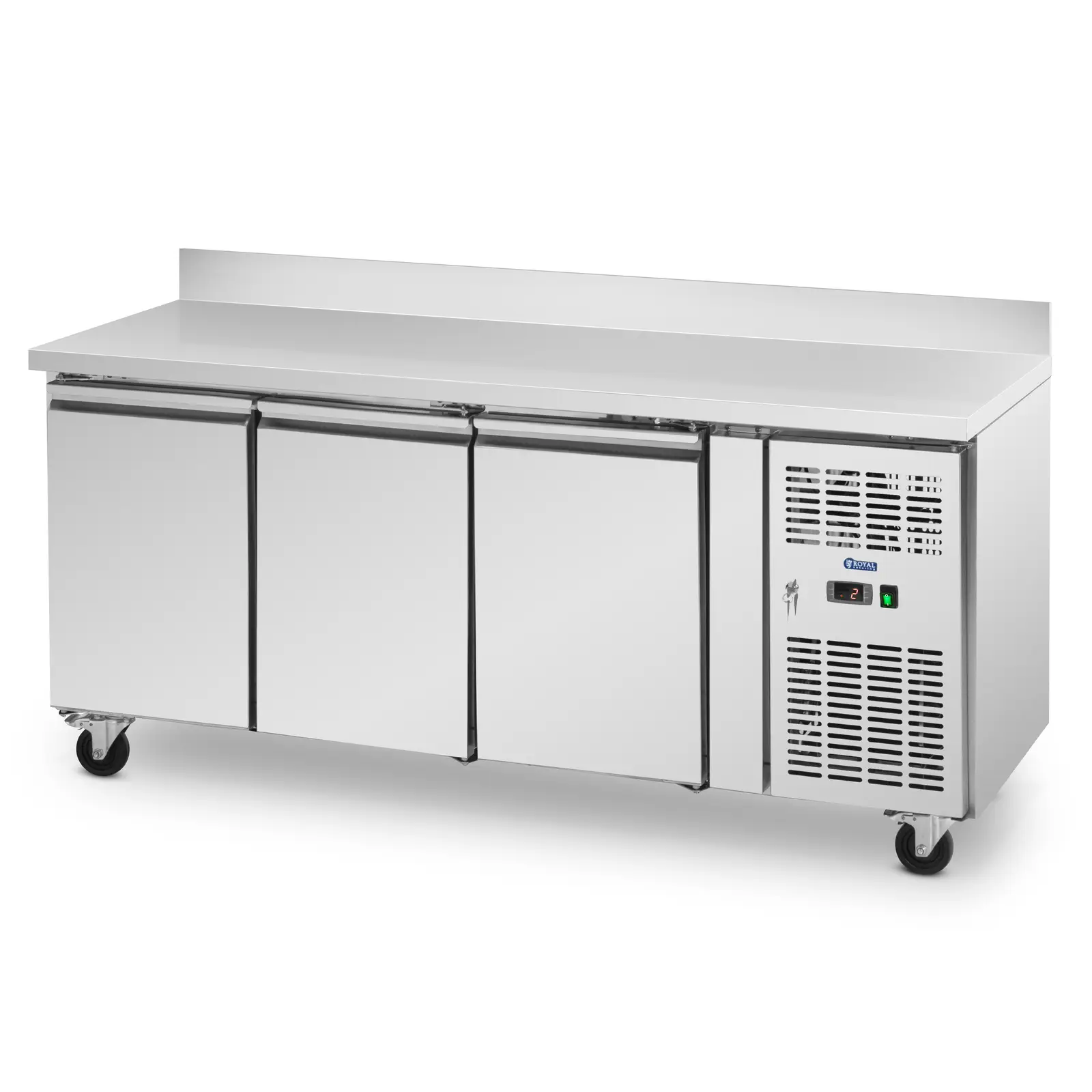 Banco refrigerato su ruote - 410 l - 3 scomparti - 179,5 x 70 cm - Classe B - Alzatina - Acciaio inox - Royal Catering