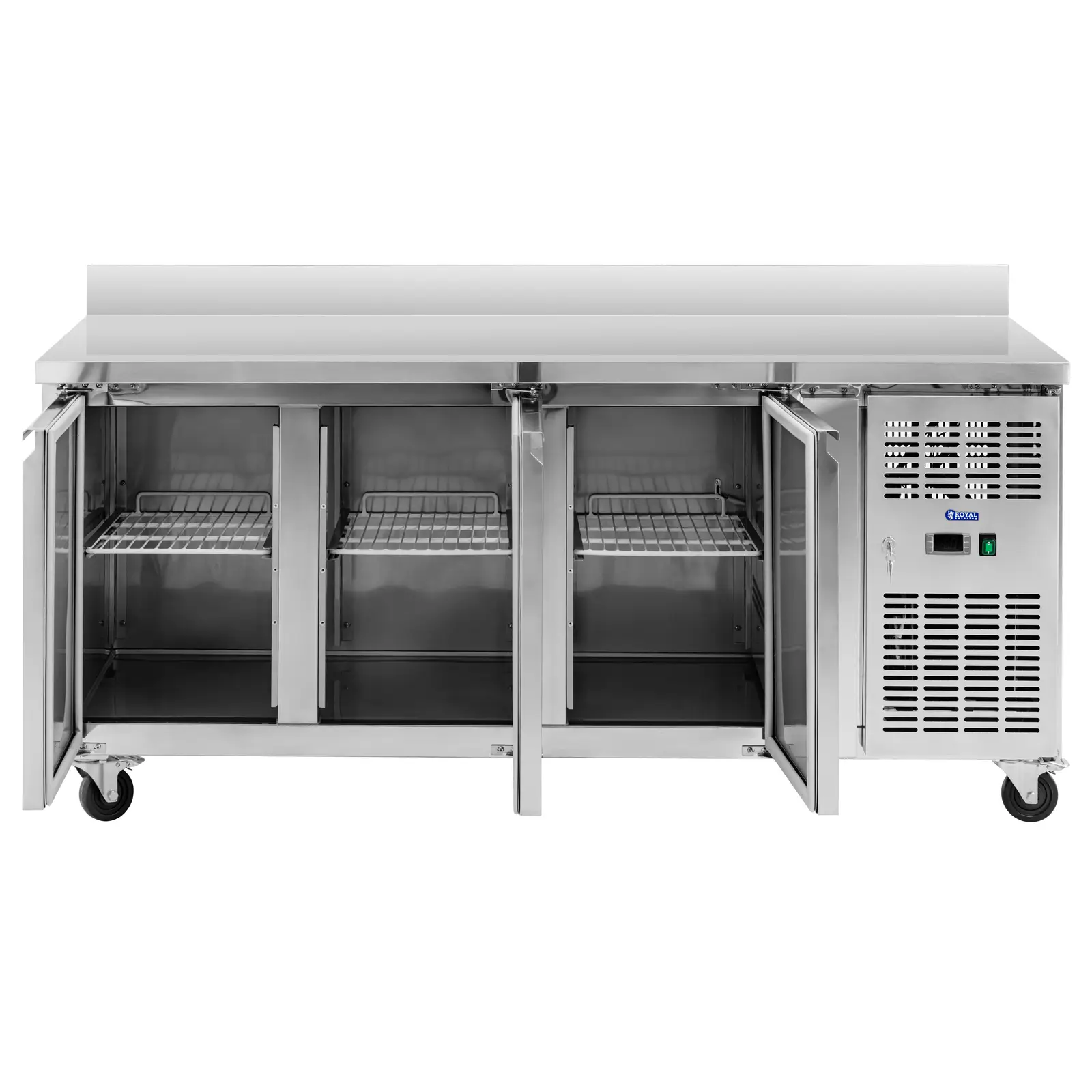 Banco refrigerato su ruote - 410 l - 3 scomparti - 179,5 x 70 cm - Classe B - Alzatina - Acciaio inox - Royal Catering