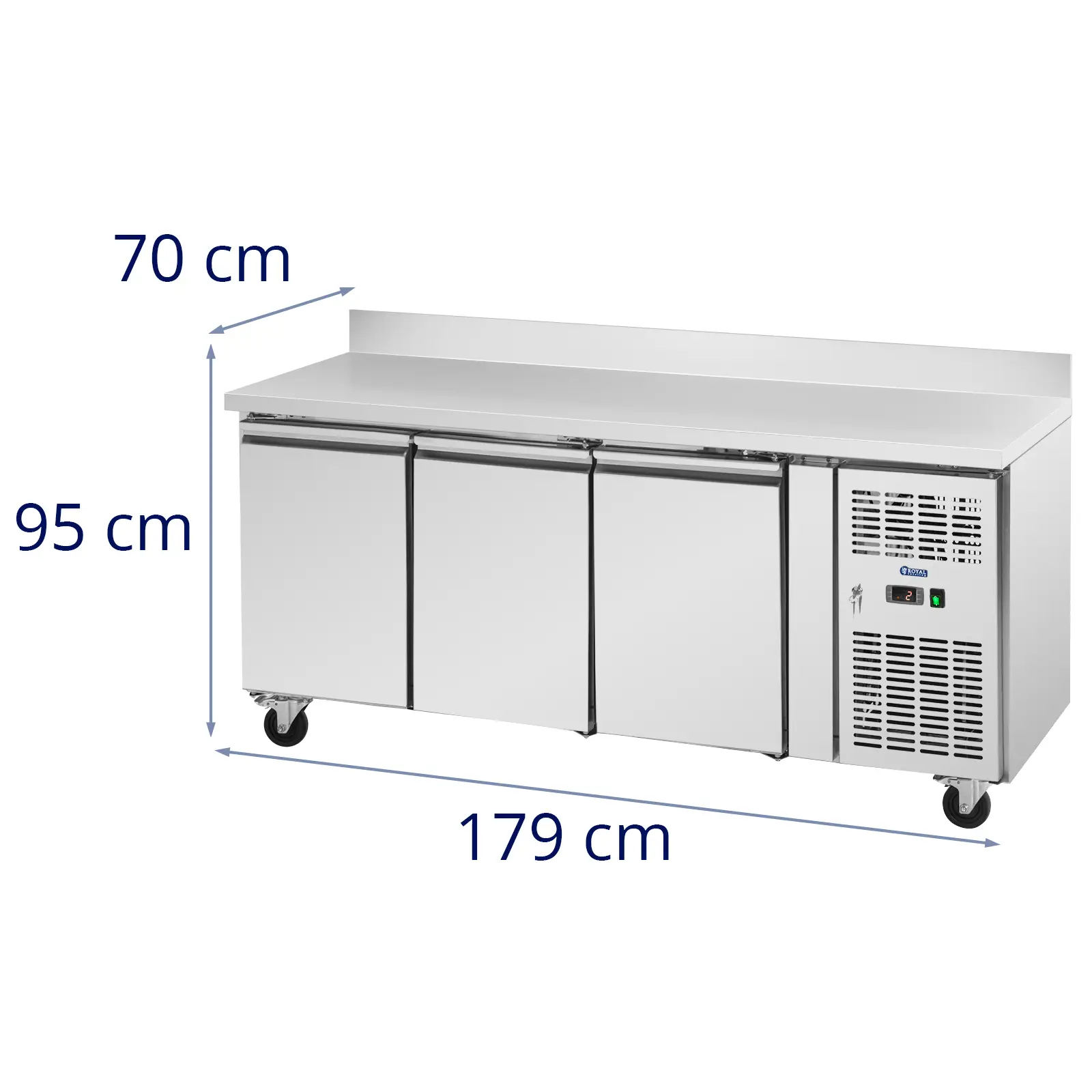 Banco refrigerato su ruote - 410 l - 3 scomparti - 179,5 x 70 cm - Classe B - Alzatina - Acciaio inox - Royal Catering