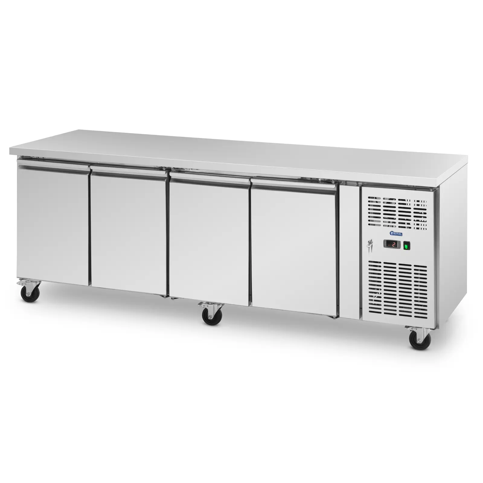 Hűtőpult kerekekkel - 550 l - 4 rekeszes - 223 x 70 cm - B osztály - rozsdamentes acél - Royal Catering