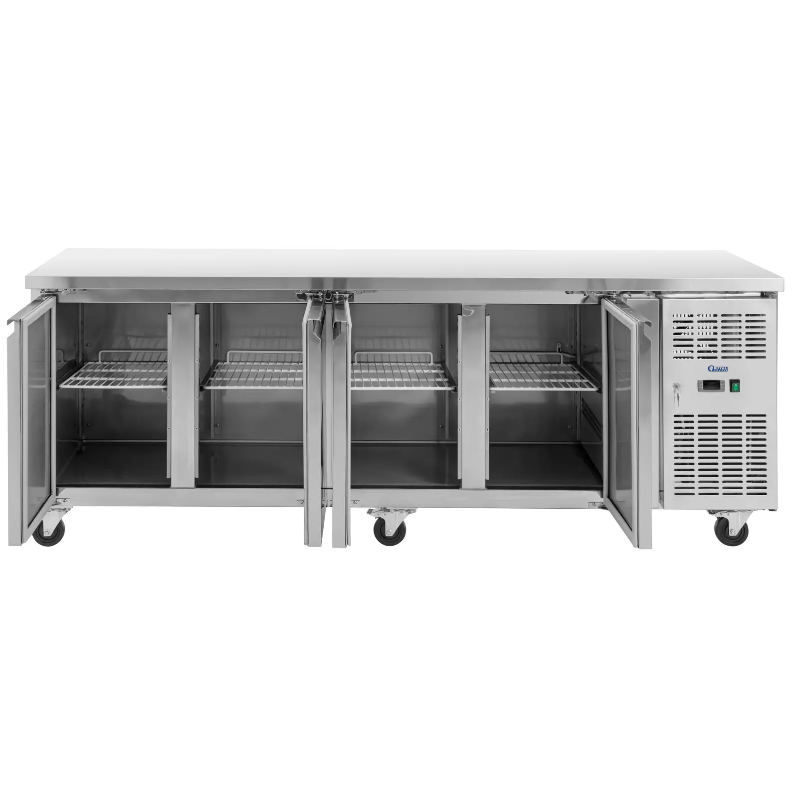 Kjølebord med hjul - 550 l - 4 rom - 223 x 70 cm - klasse B - rustfritt stål - Royal Catering