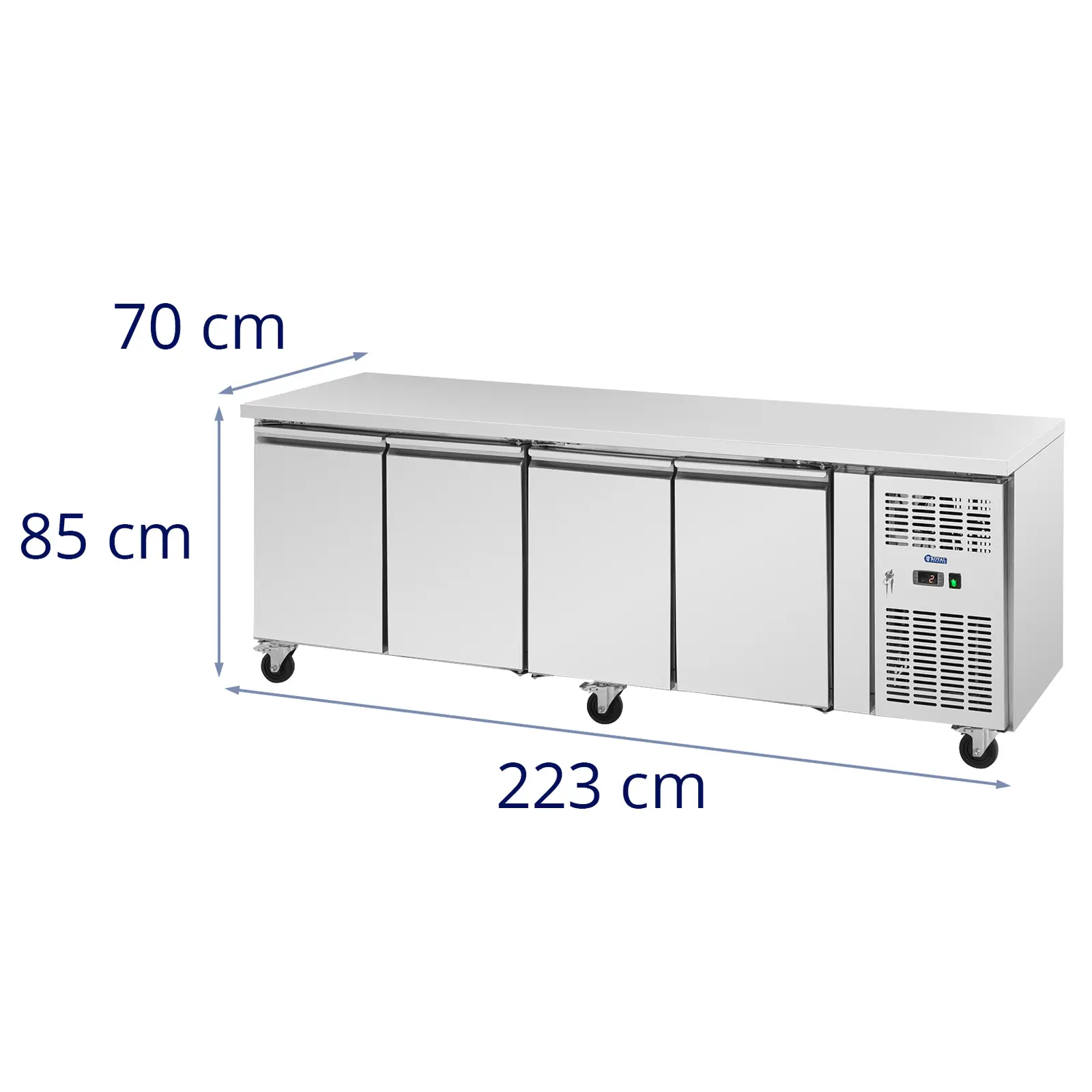 Hűtőpult kerekekkel - 550 l - 4 rekeszes - 223 x 70 cm - B osztály - rozsdamentes acél - Royal Catering