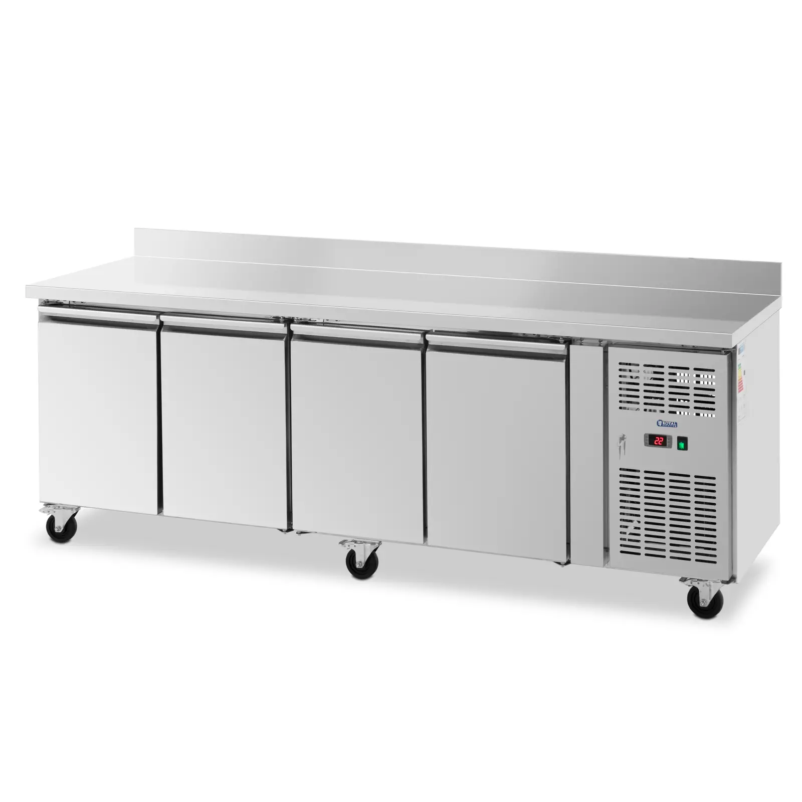 Table réfrigérée sur roulettes - 550 l - 4 Compartiments - 223 x 70 cm - Classe B - Dosseret - Inox - Royal Catering