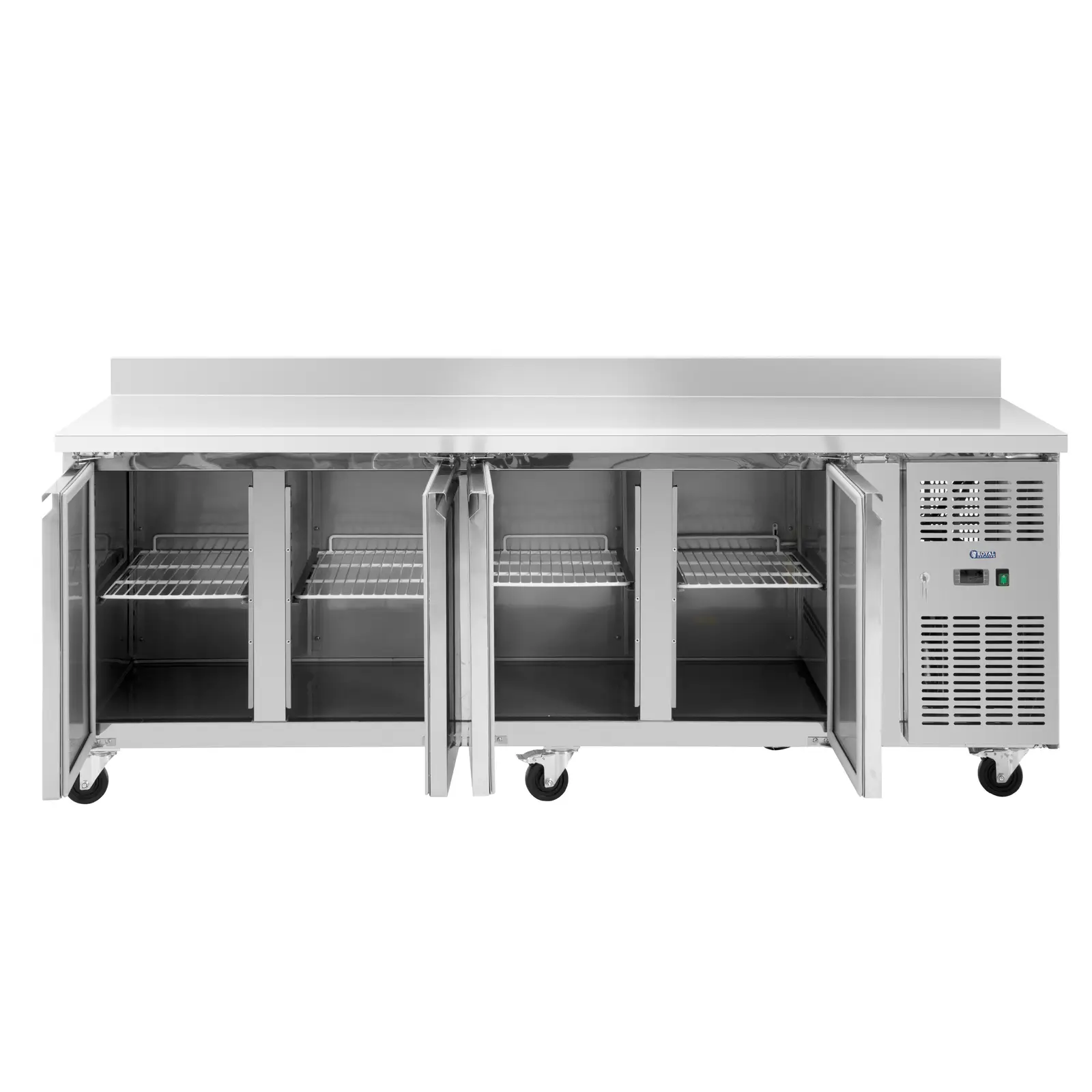 Chladicí stůl na kolečkách - 550 l - 4 přihrádky - 223 x 70 cm - třída B - lem - ušlechtilá ocel - Royal Catering (Termostat: Ano)