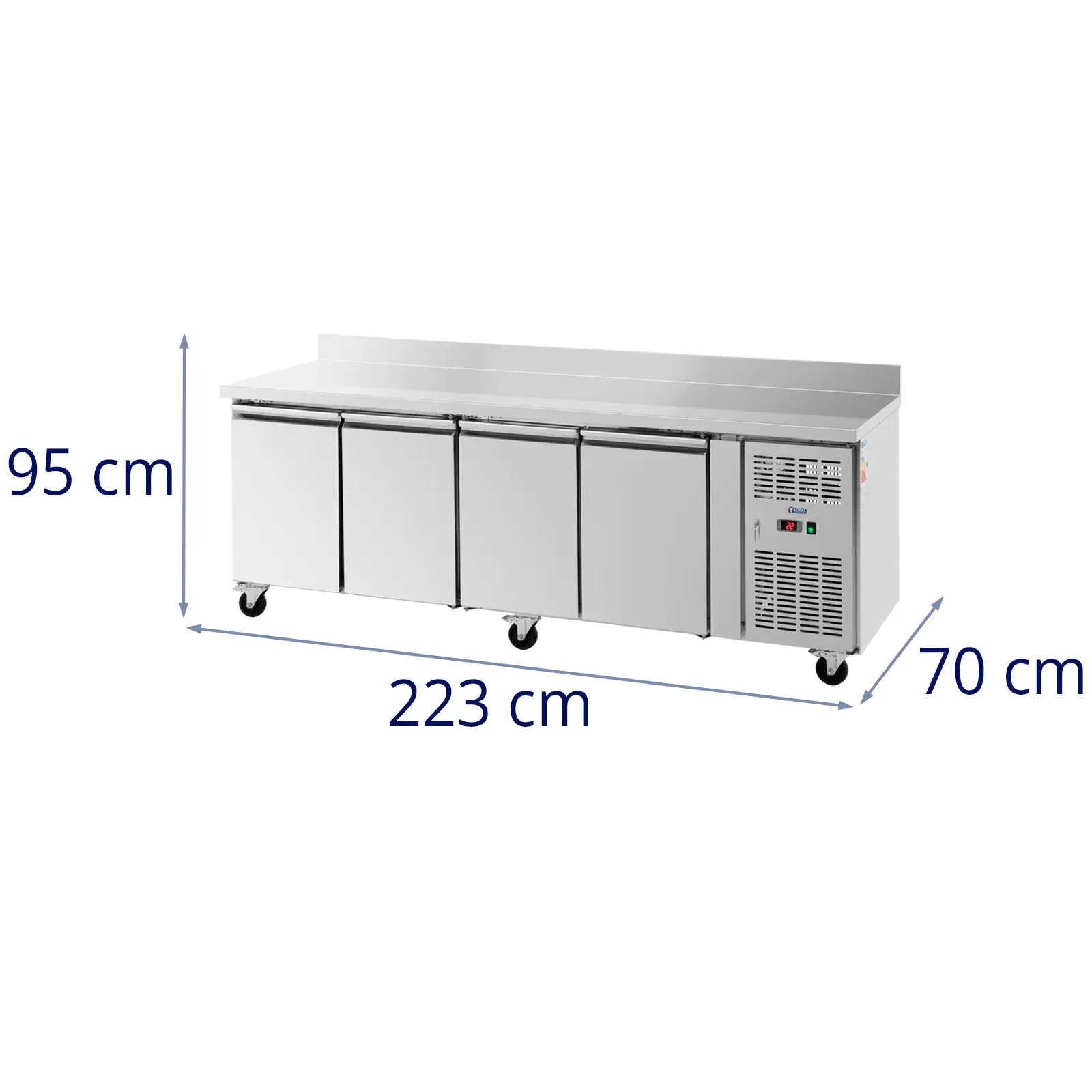 Chladicí stůl na kolečkách - 550 l - 4 přihrádky - 223 x 70 cm - třída B - lem - ušlechtilá ocel - Royal Catering (Objem: 550 l)
