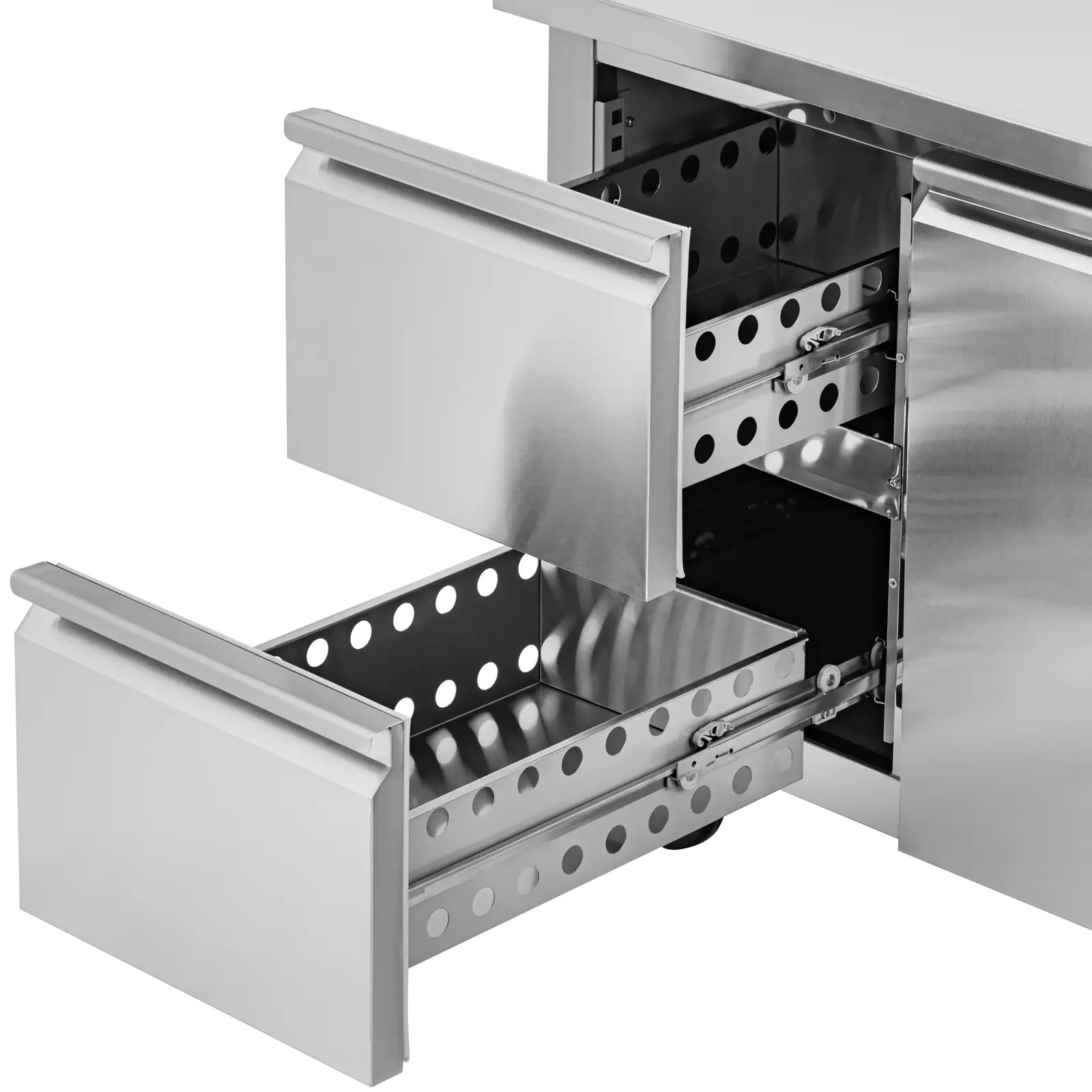 Kjølebord med hjul - 280 l - 1 rom / 2 skuffer - 136 x 70 cm - klasse B - rustfritt stål - Royal Catering