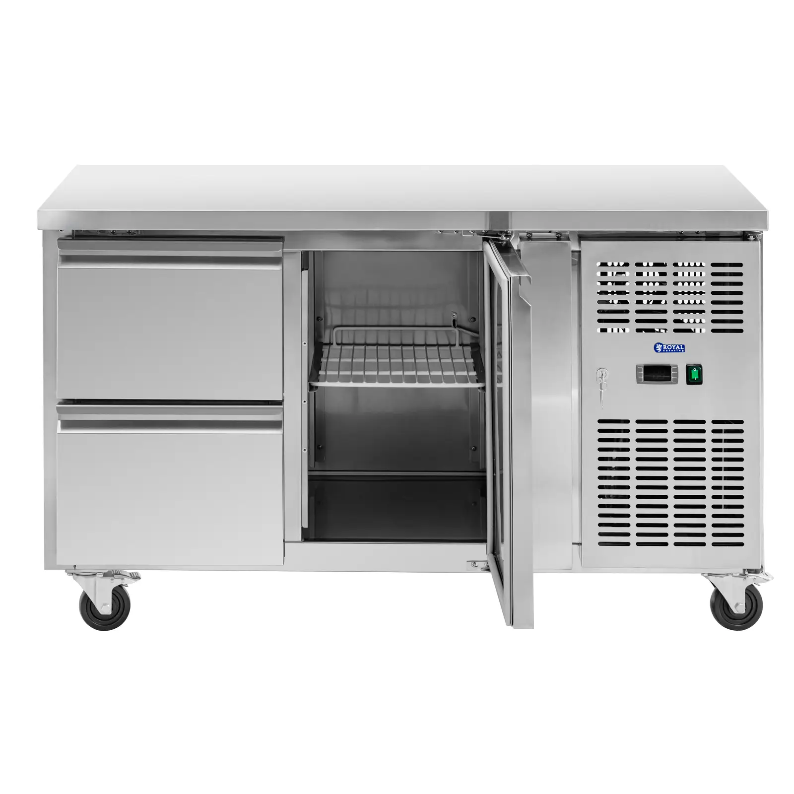 Chladicí stůl na kolečkách - 280 l - 1 přihrádka / 2 zásuvky - 136 x 70 cm - třída B - ušlechtilá ocel - Royal Catering (Objem: 280 l)