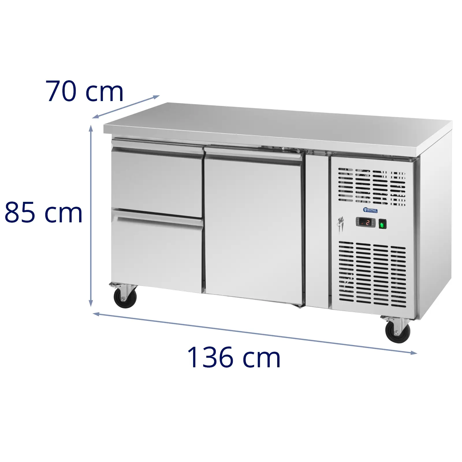 Chladicí stůl na kolečkách - 280 l - 1 přihrádka / 2 zásuvky - 136 x 70 cm - třída B - ušlechtilá ocel - Royal Catering (Provoz na baterie: Ne)