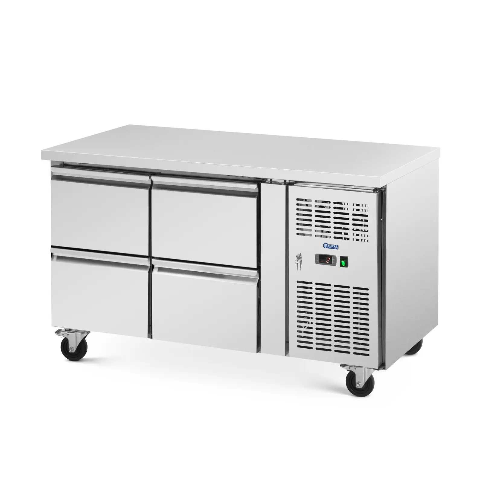 Mesa refrigerada com rodas - 280 l - 4 gavetas - 136 x 70 cm - classe B - aço inoxidável - Royal Catering